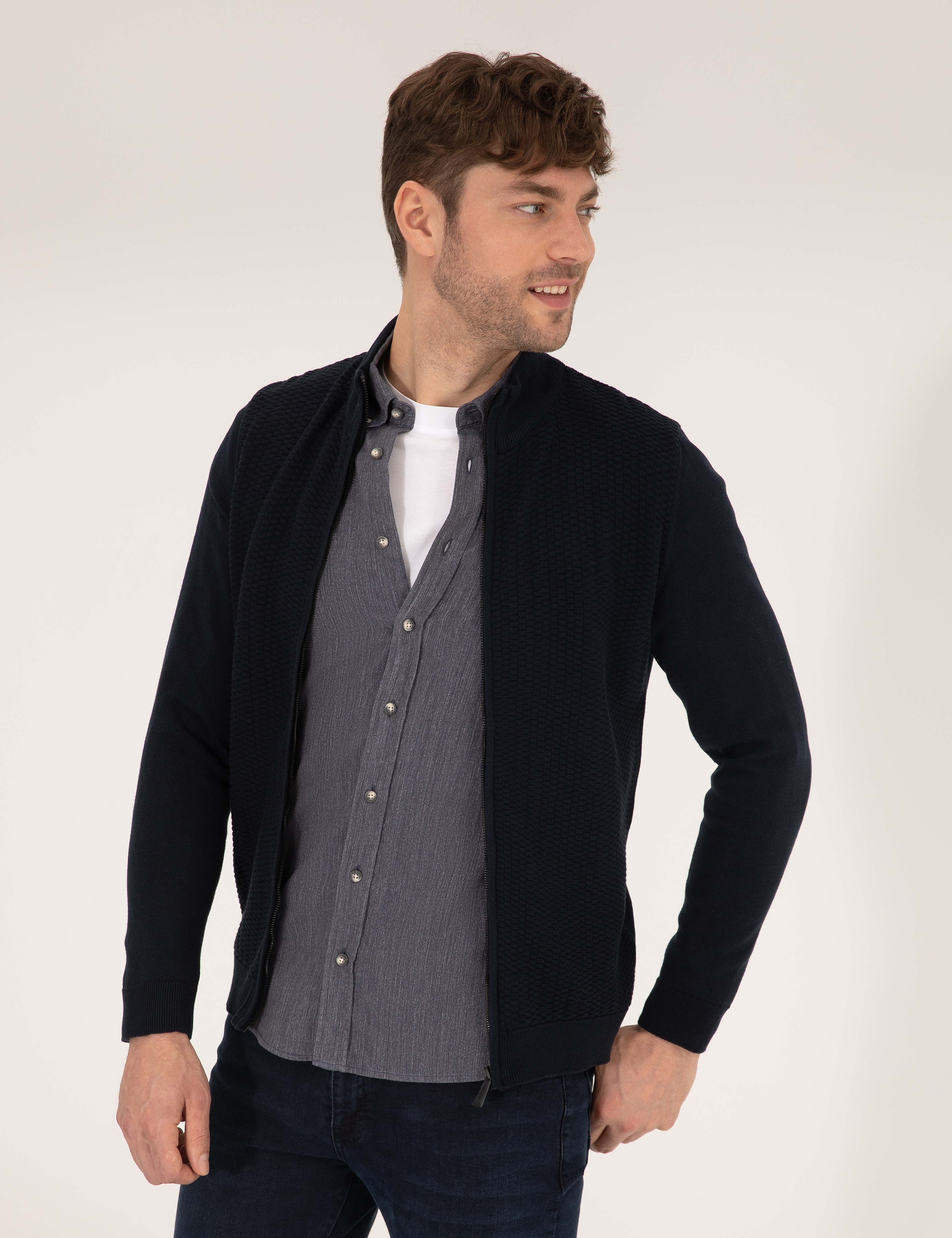 Lacivert Slim Fit Fermuarlı Triko Hırka