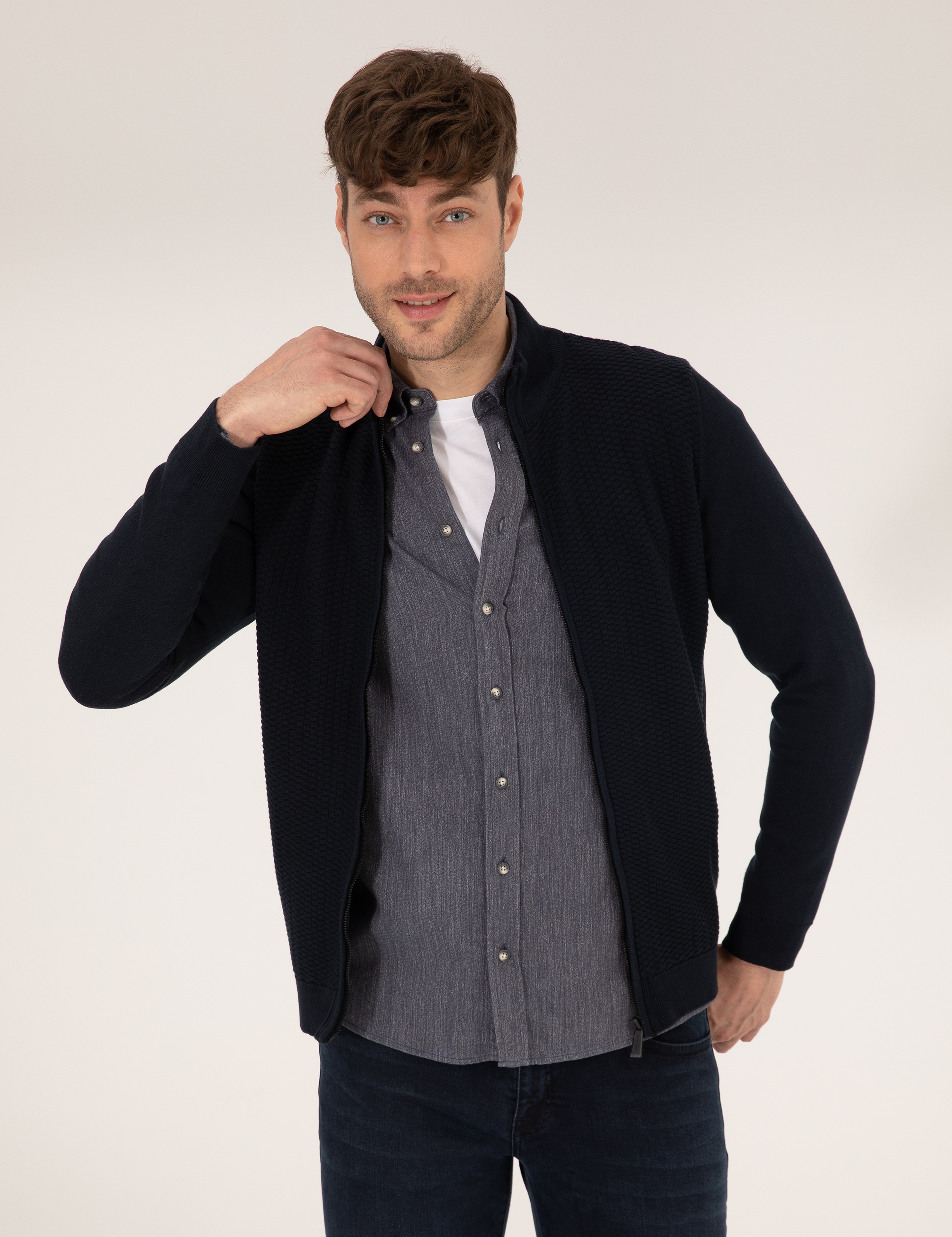 Lacivert Slim Fit Fermuarlı Triko Hırka - Image 1