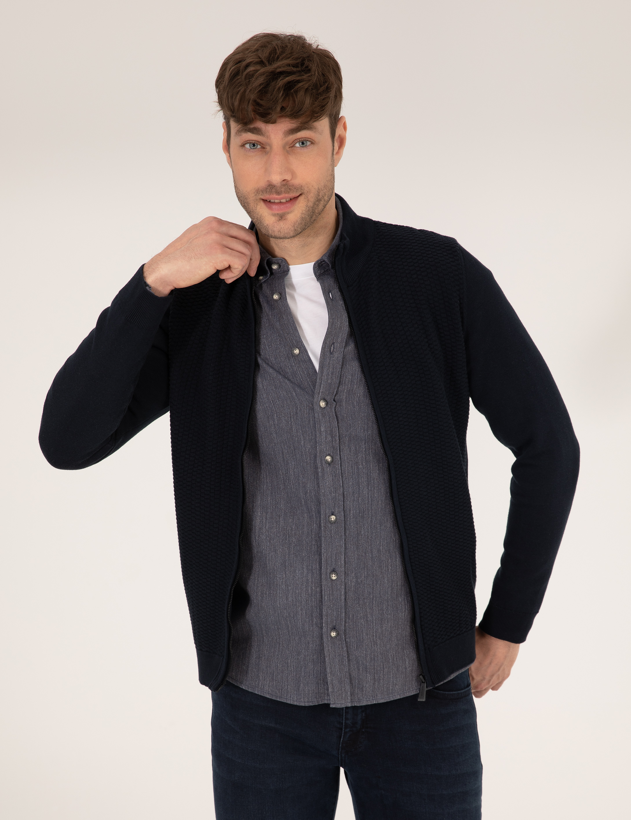 Lacivert Slim Fit Fermuarlı Triko Hırka