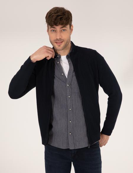 Lacivert Slim Fit Fermuarlı Triko Hırka - 50265903001