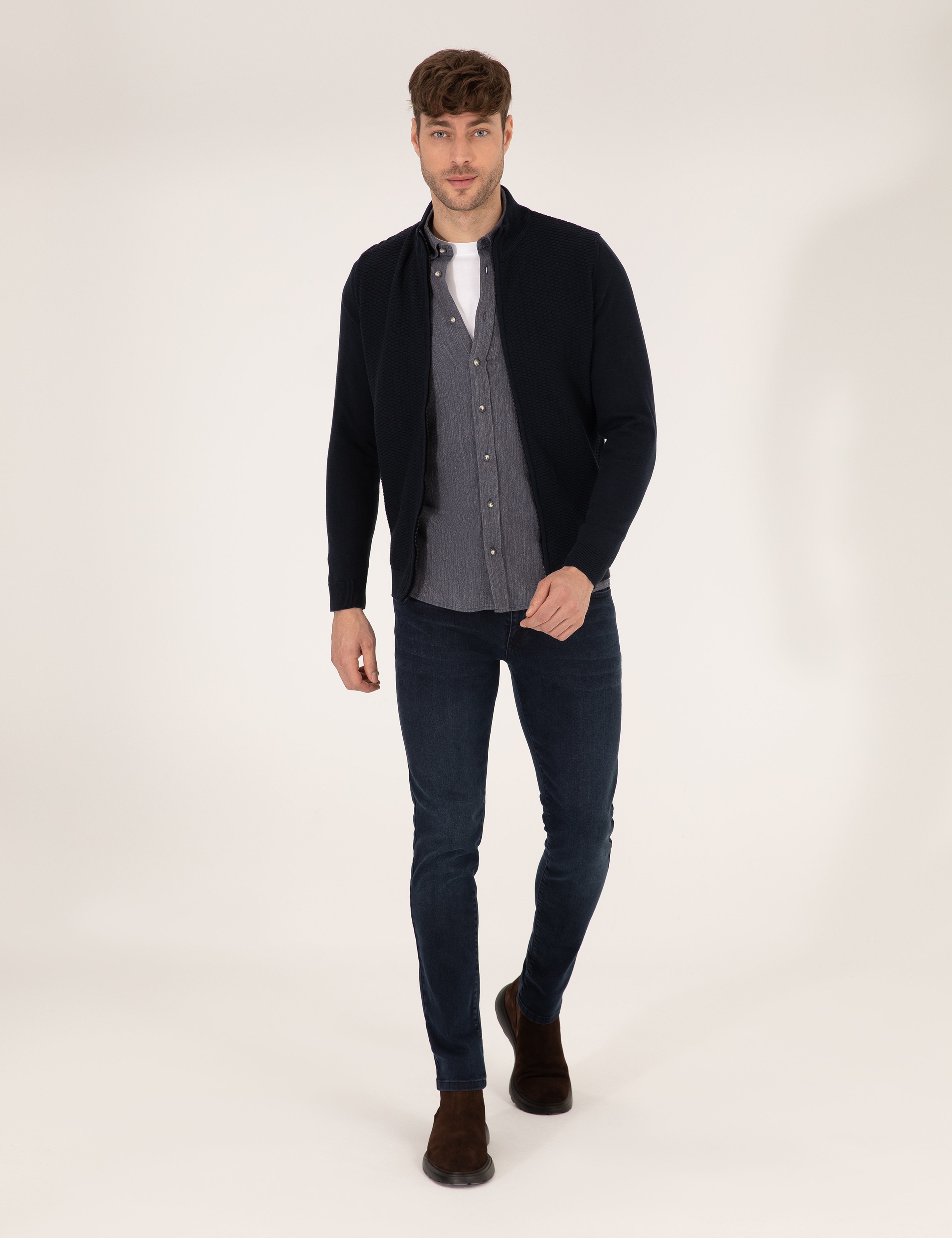 Lacivert Slim Fit Fermuarlı Triko Hırka - Image 4