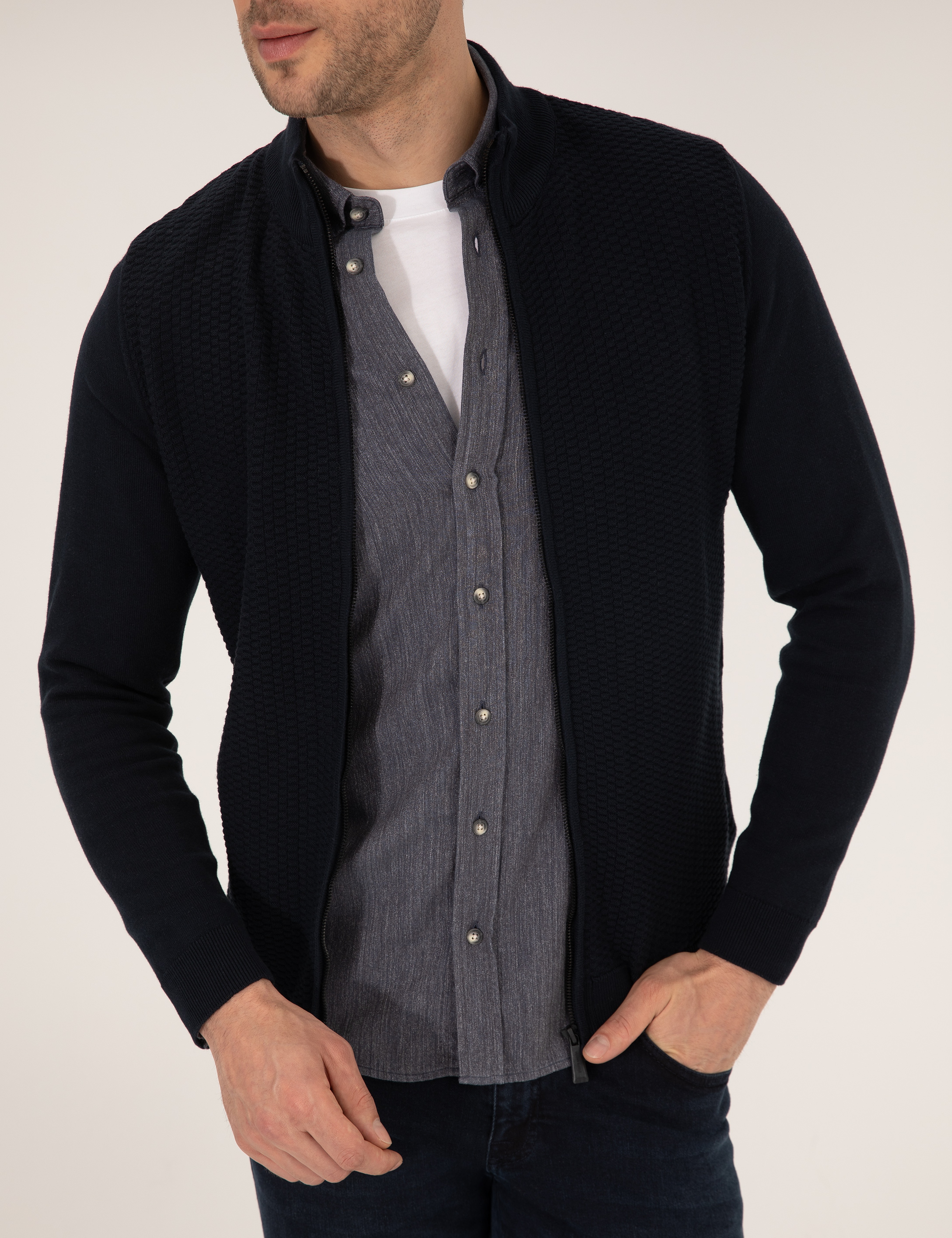 Lacivert Slim Fit Fermuarlı Triko Hırka