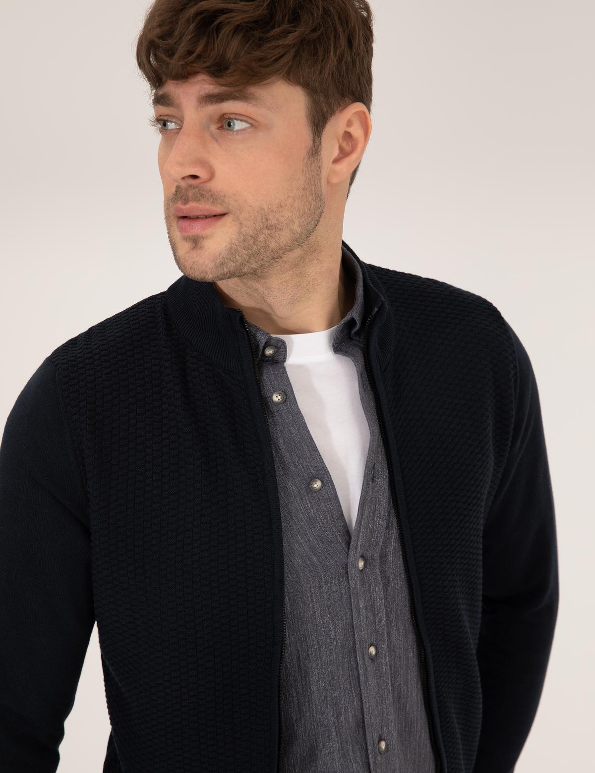 Lacivert Slim Fit Fermuarlı Triko Hırka - 50265903001