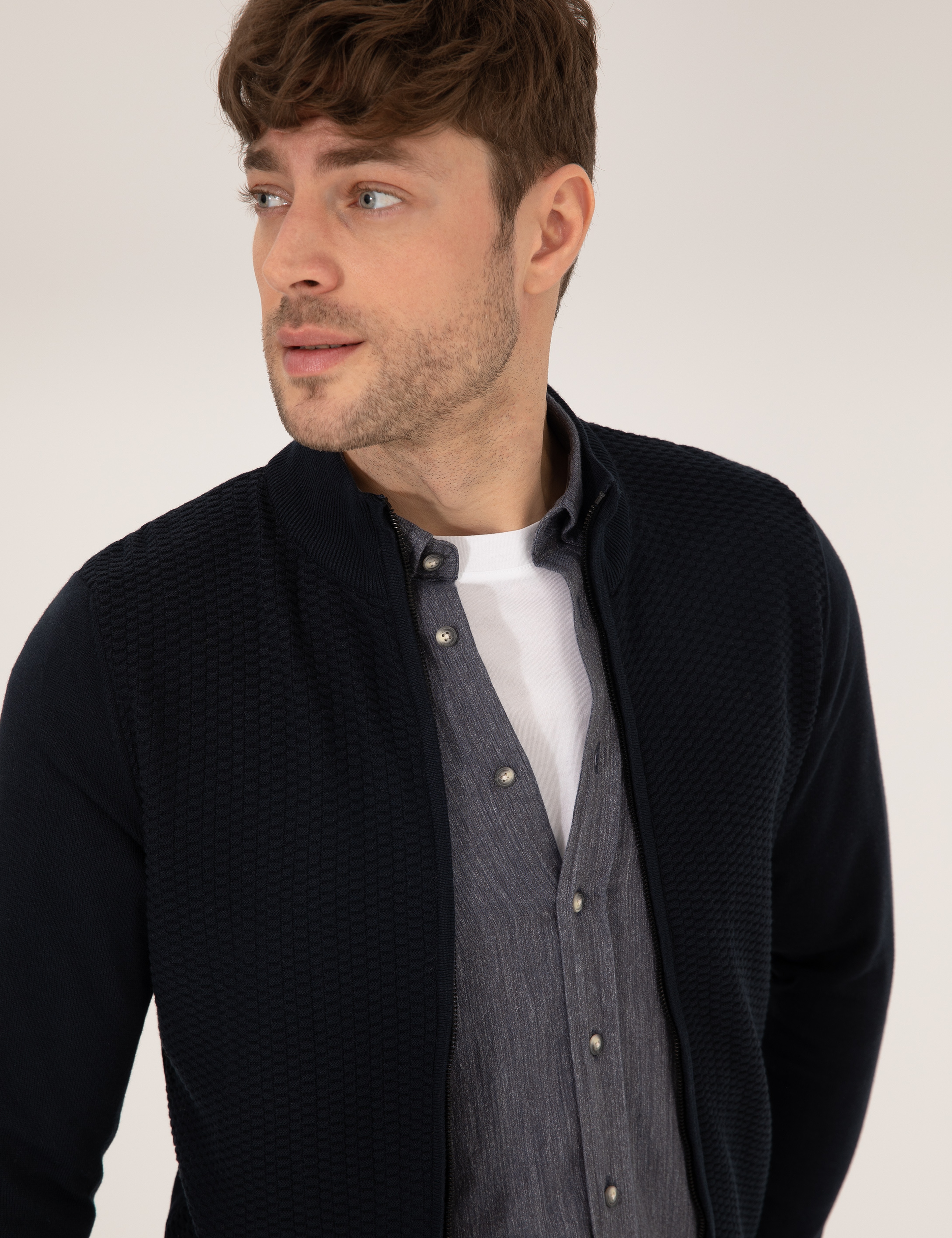 Lacivert Slim Fit Fermuarlı Triko Hırka - Image 2