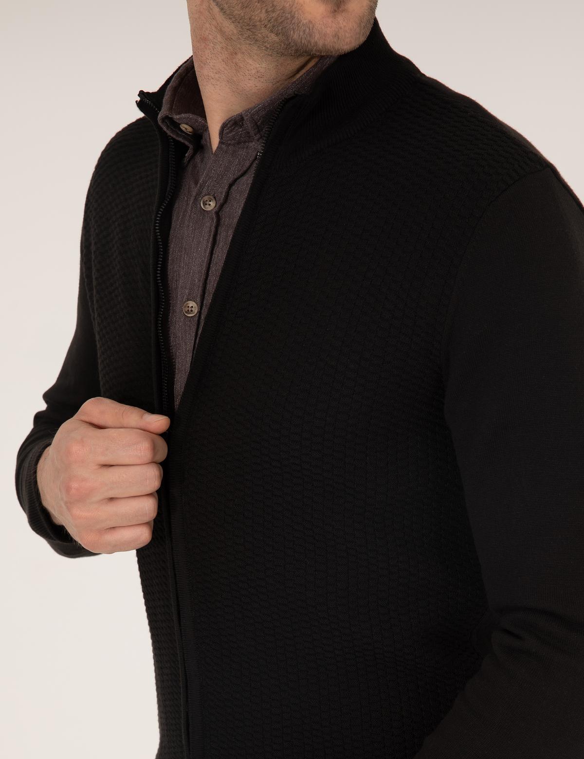 Siyah Slim Fit Fermuarlı Triko Hırka - 50265903017