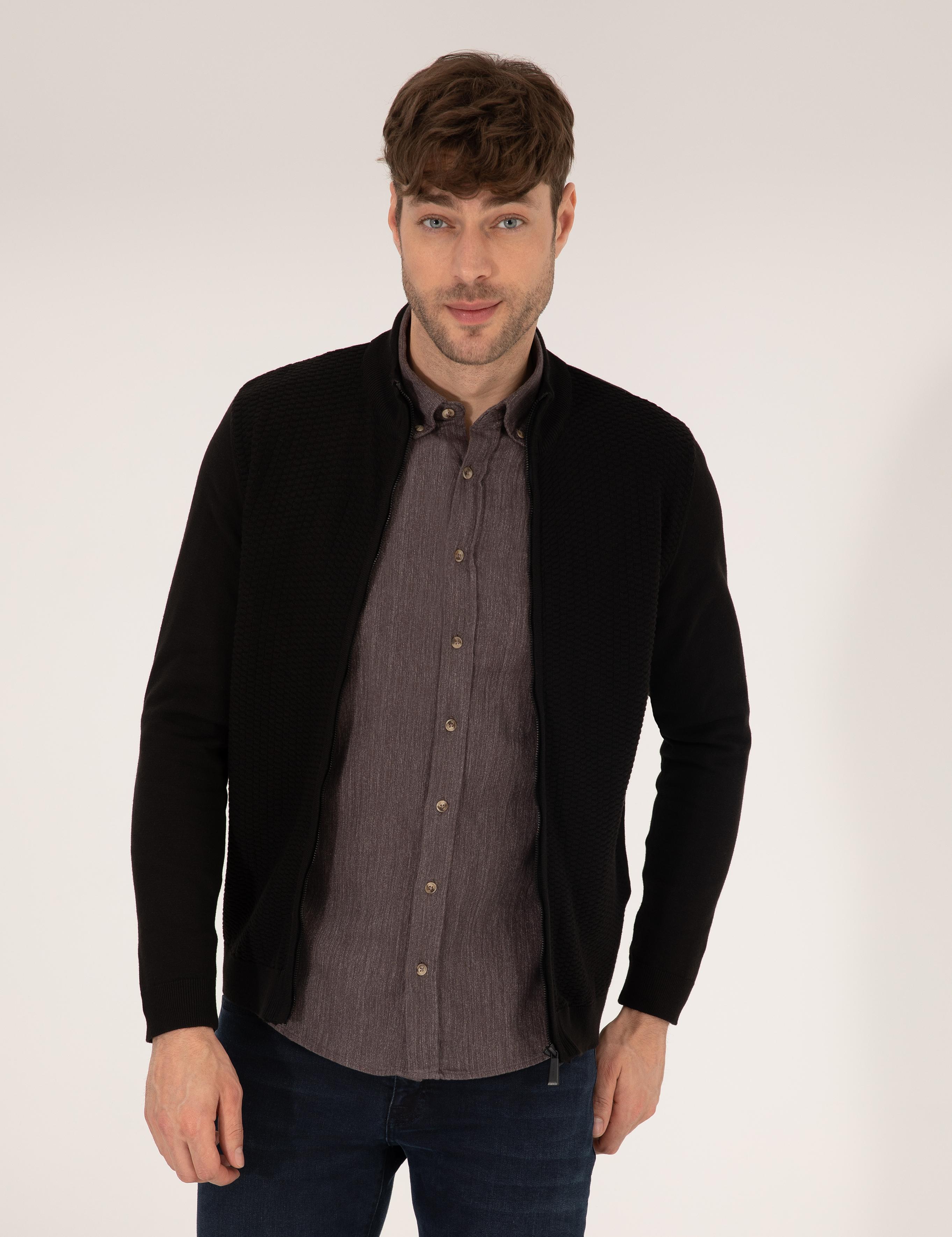 Siyah Slim Fit Fermuarlı Triko Hırka