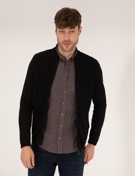 Siyah Slim Fit Fermuarlı Triko Hırka - 50265903017