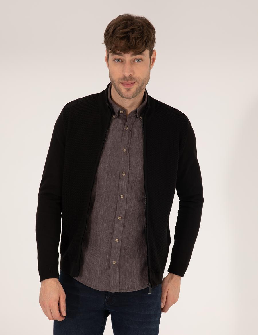 Siyah Slim Fit Fermuarlı Triko Hırka