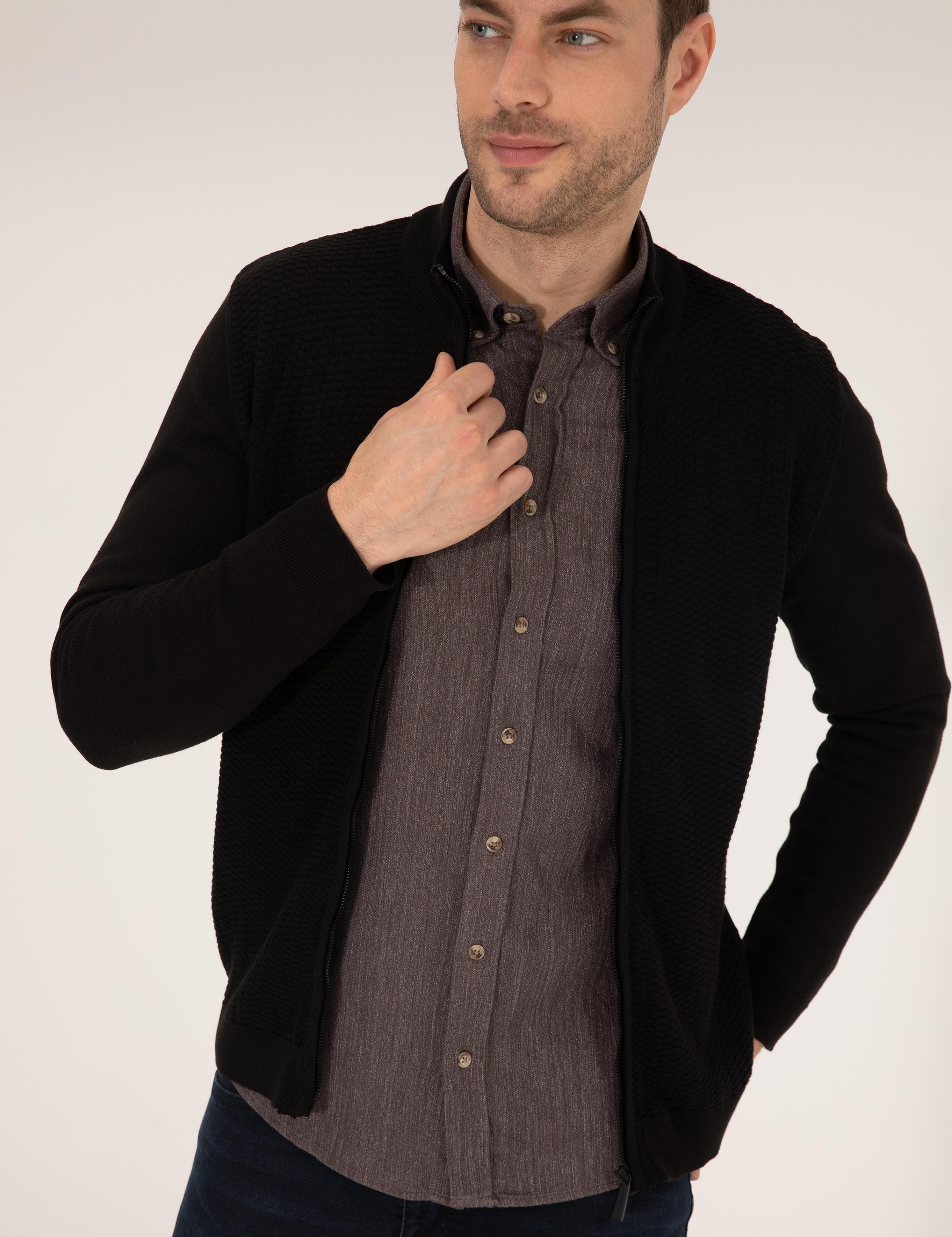 Siyah Slim Fit Fermuarlı Triko Hırka