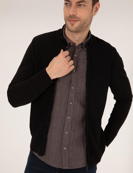 Siyah Slim Fit Fermuarlı Triko Hırka - 50265903017
