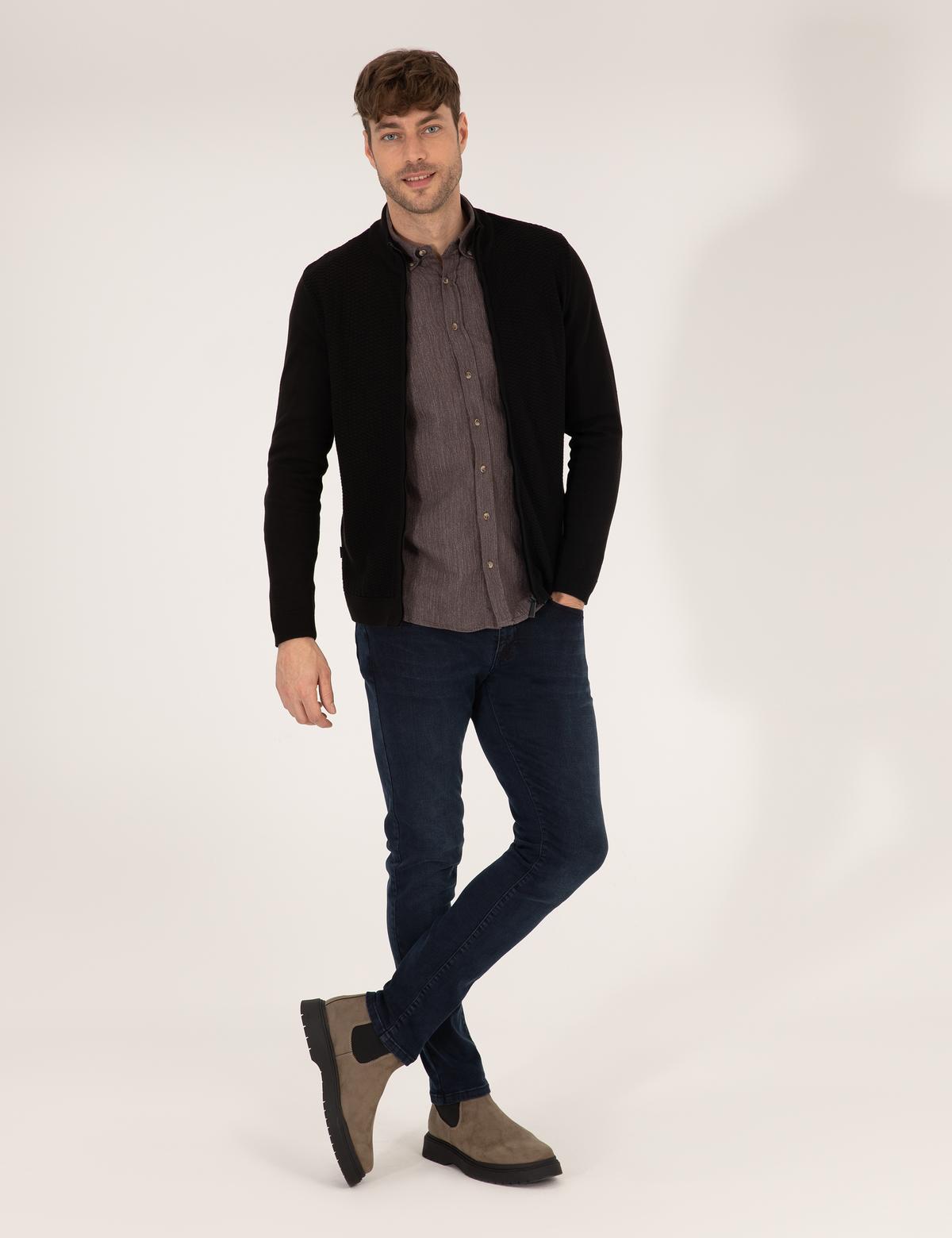 Siyah Slim Fit Fermuarlı Triko Hırka - 50265903017