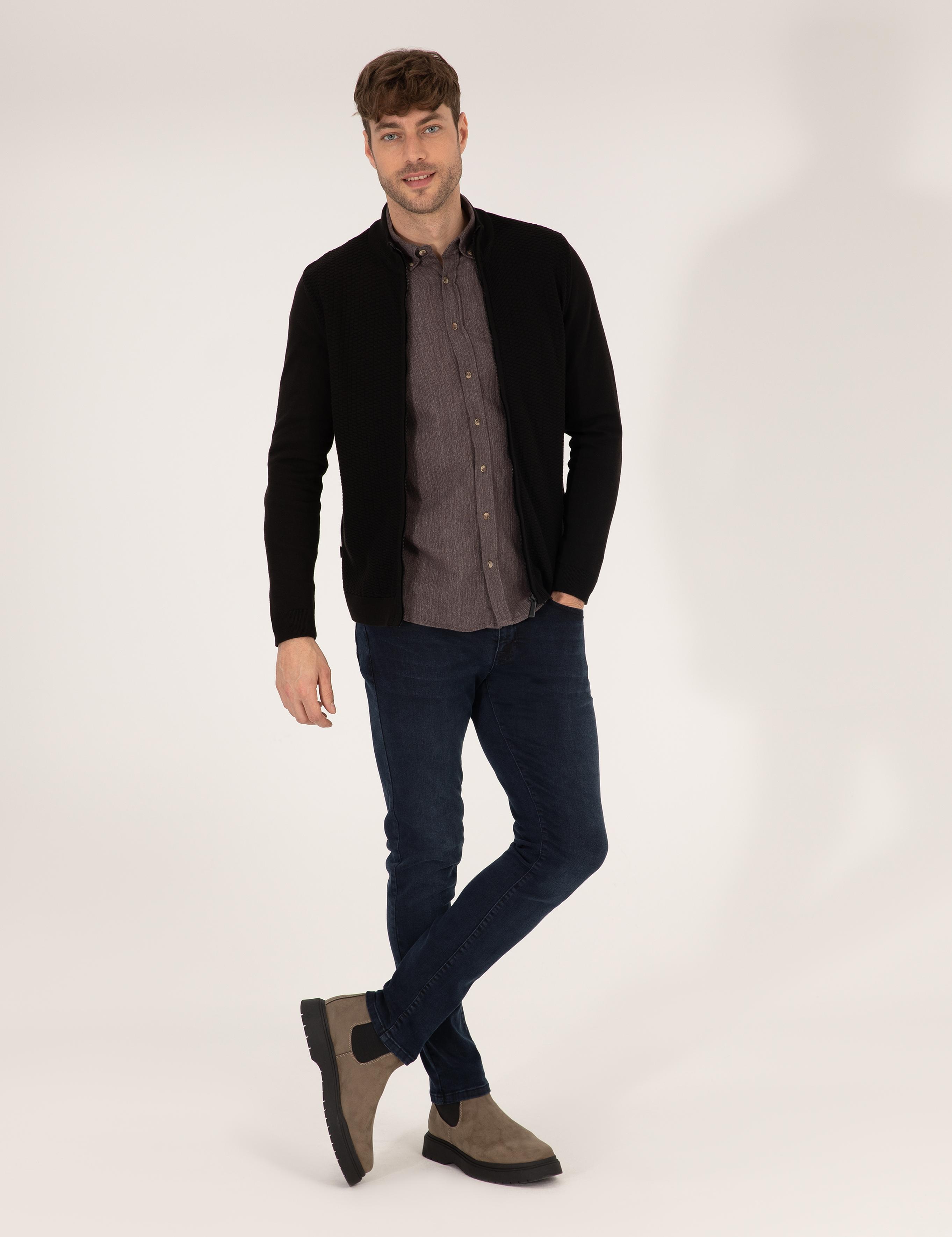 Siyah Slim Fit Fermuarlı Triko Hırka