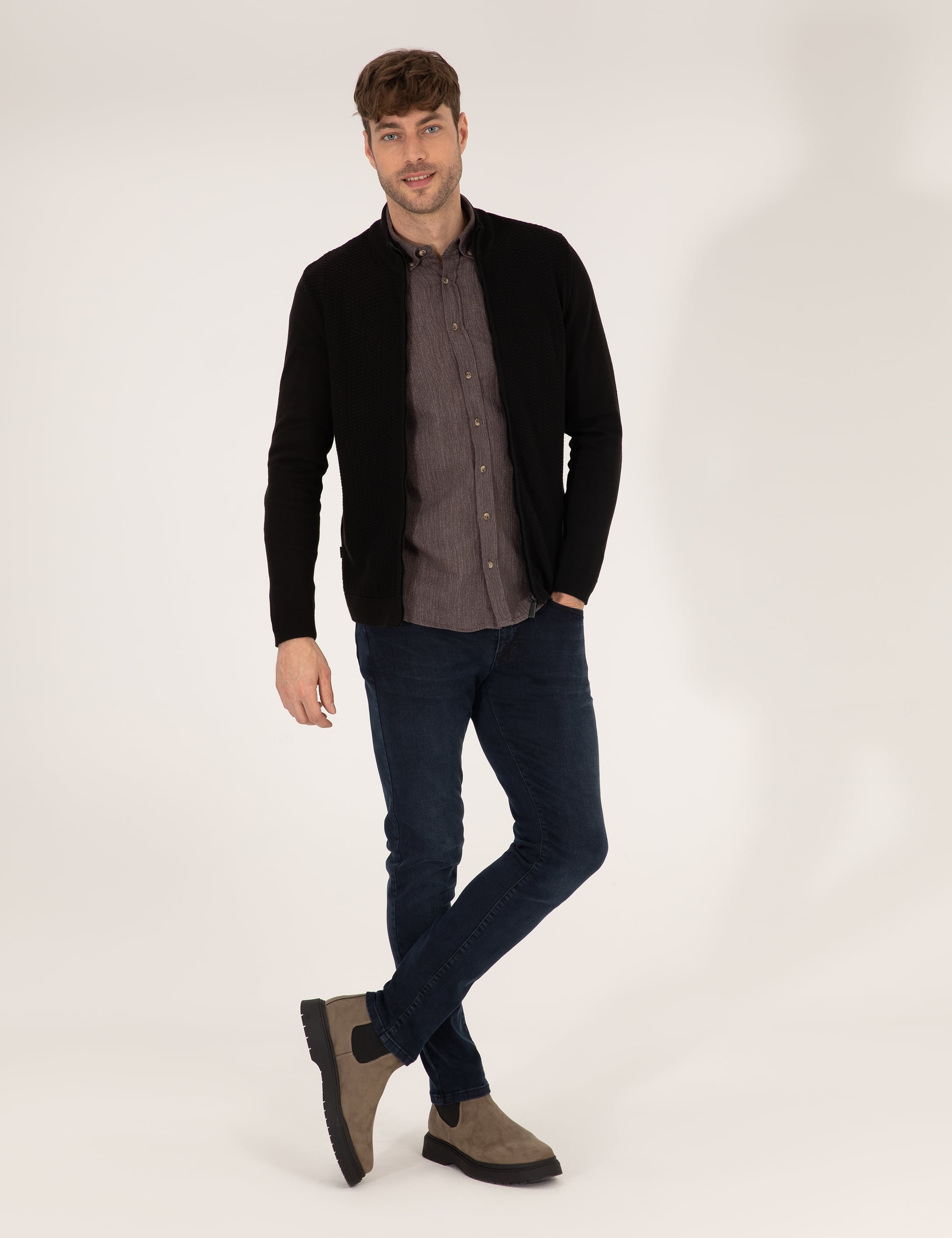 Siyah Slim Fit Fermuarlı Triko Hırka - Image 3