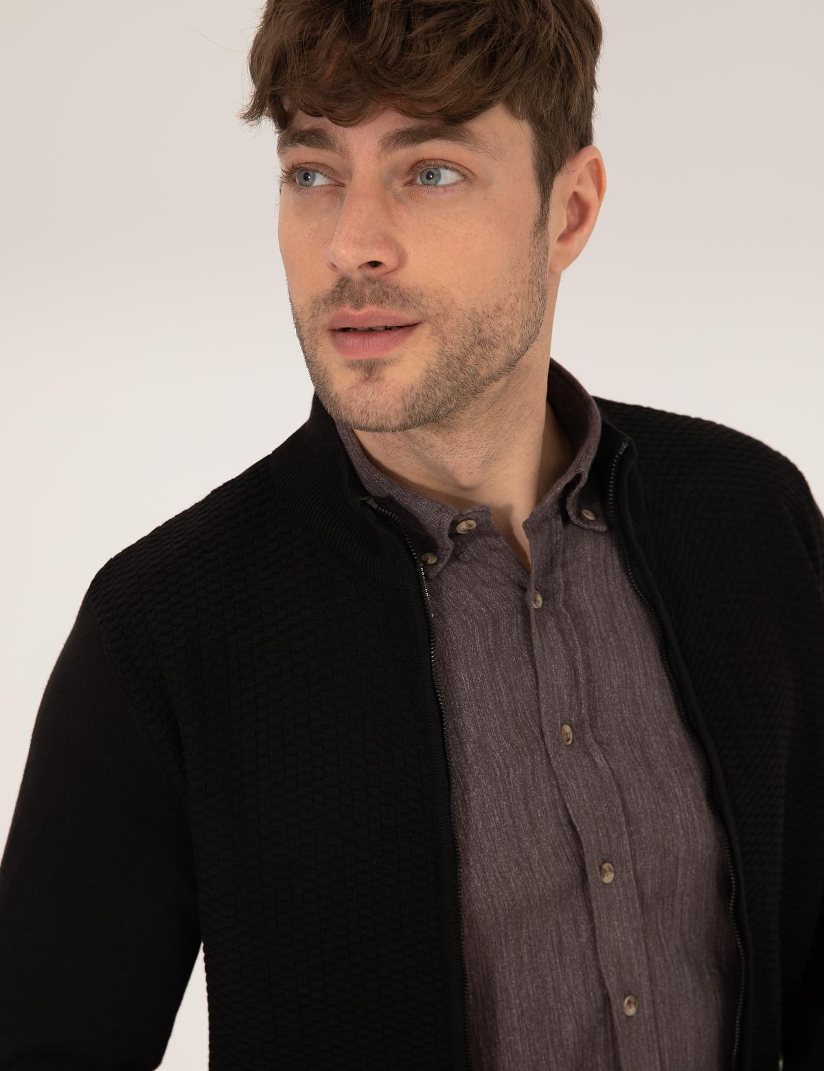 Siyah Slim Fit Fermuarlı Triko Hırka - 50265903017