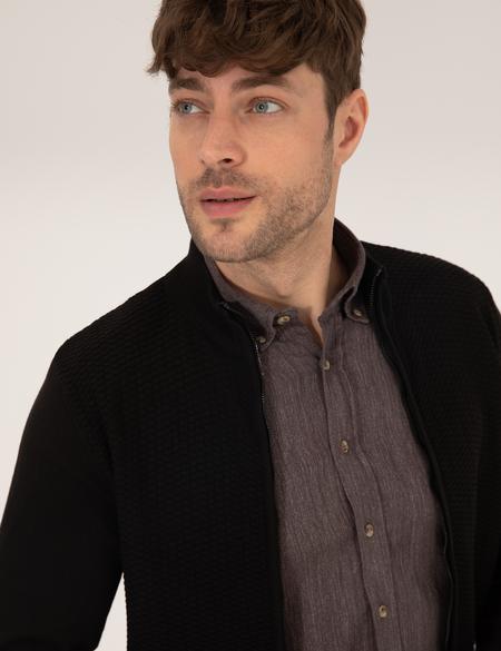 Siyah Slim Fit Fermuarlı Triko Hırka - 50265903017