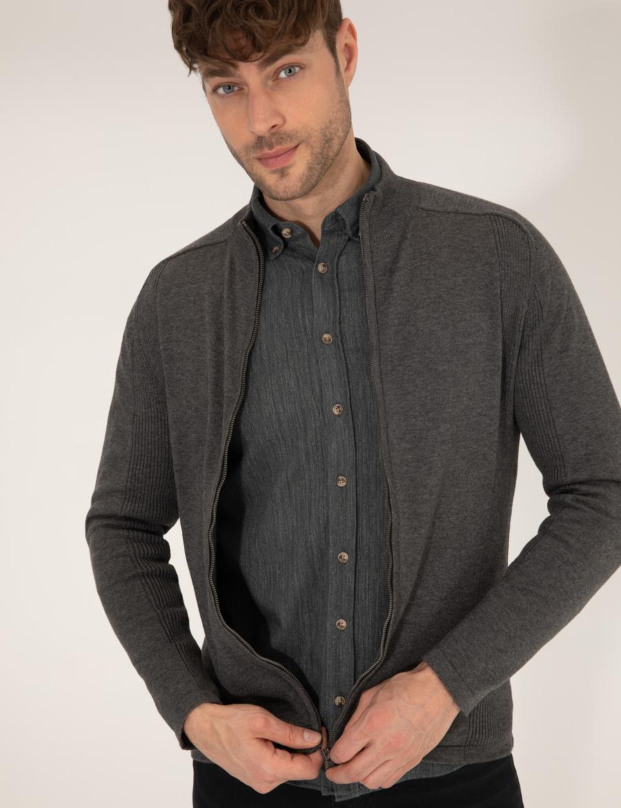 Gri Melanj Slim Fit Fermuarlı Triko Hırka