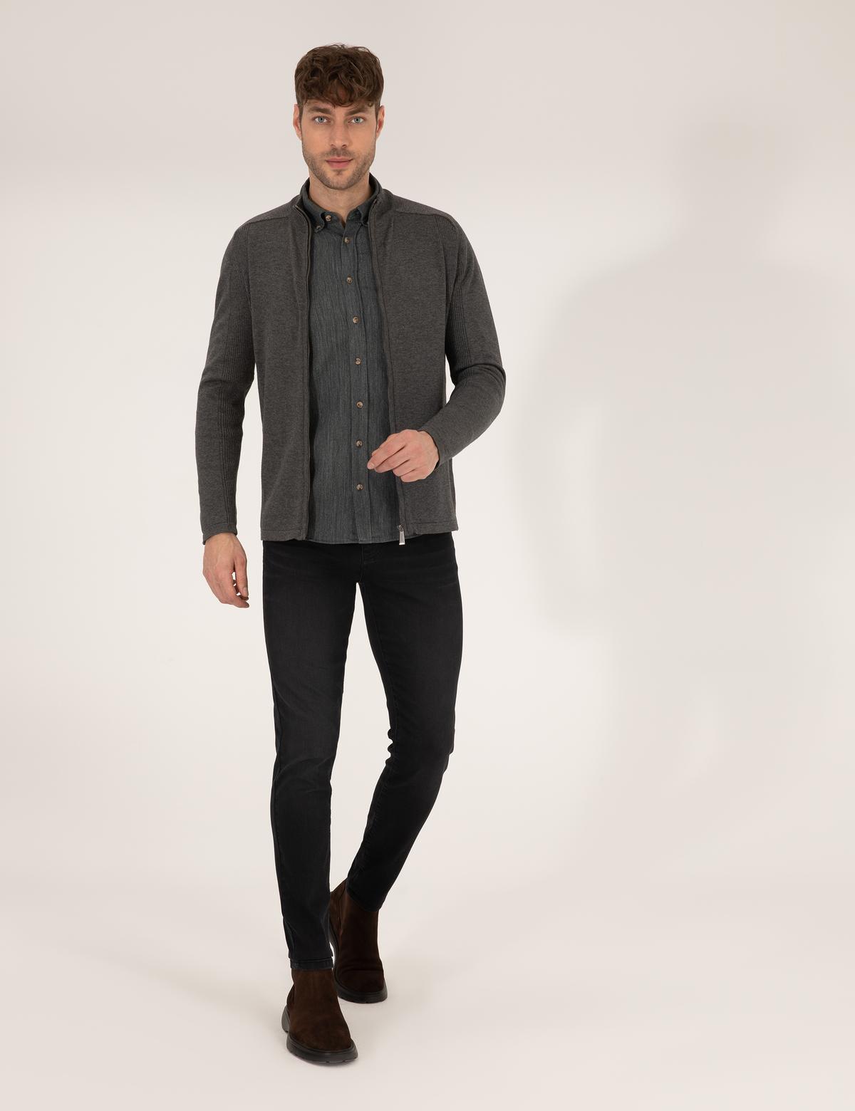 Gri Melanj Slim Fit Fermuarlı Triko Hırka - 50263239013