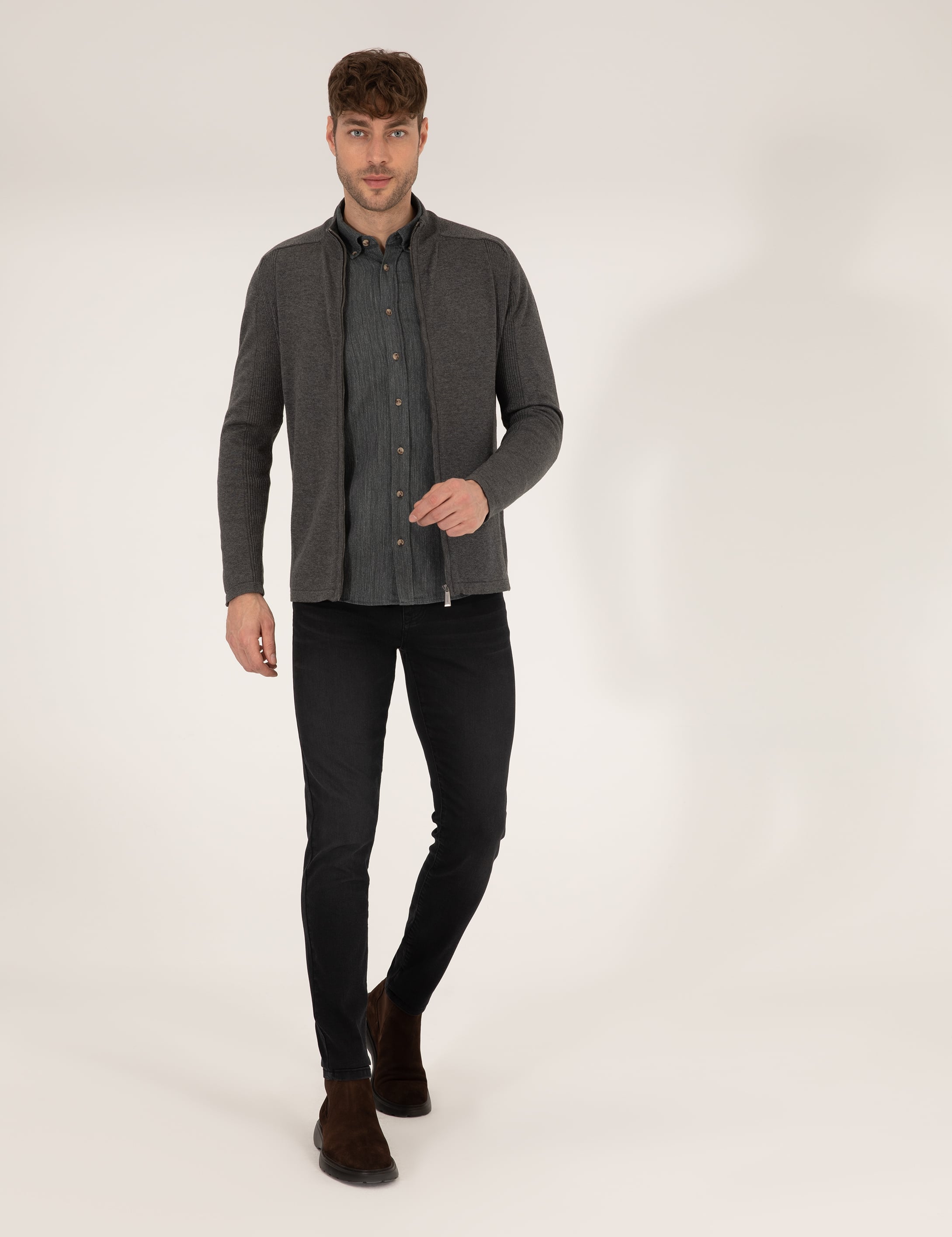 Gri Melanj Slim Fit Fermuarlı Triko Hırka