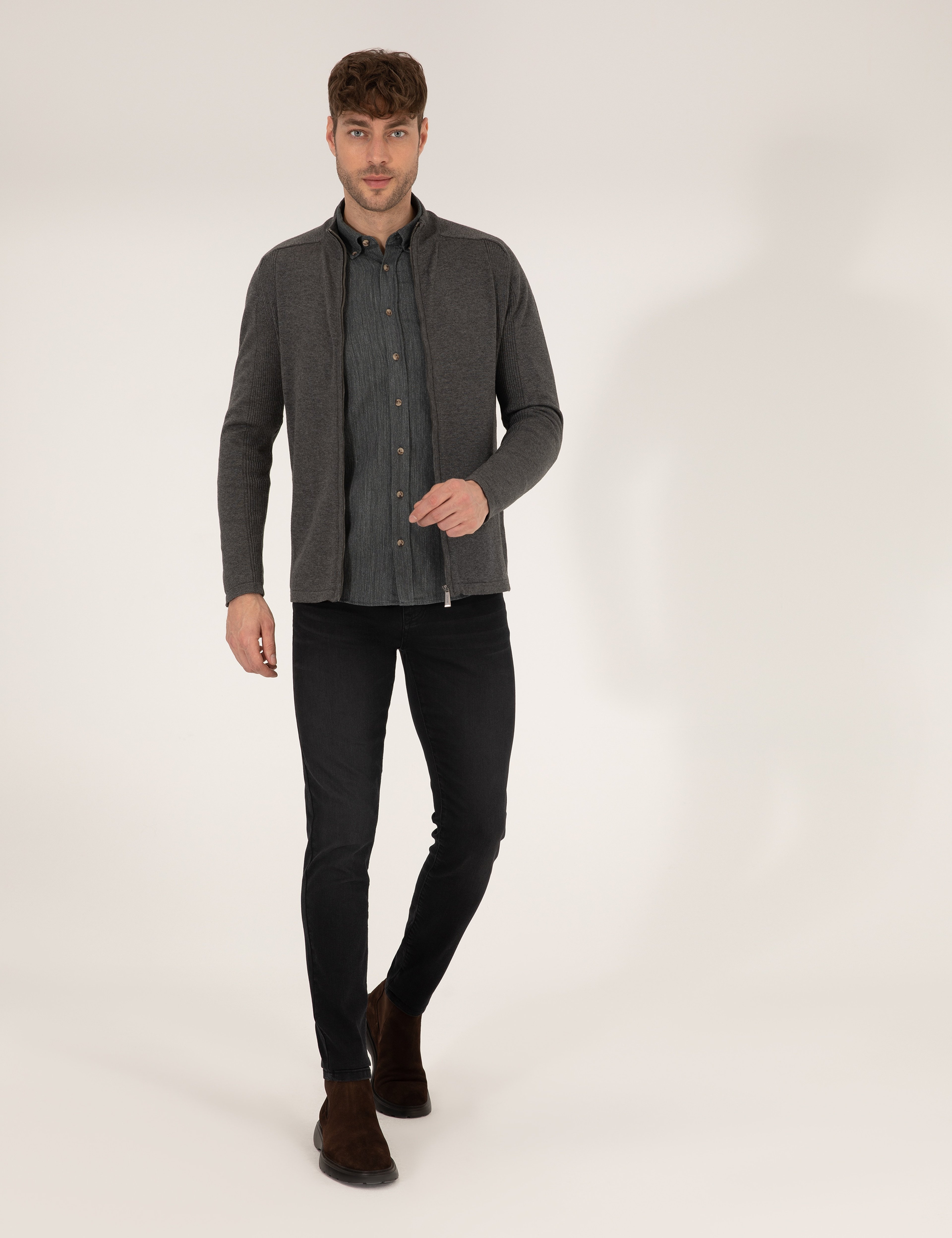 Gri Melanj Slim Fit Fermuarlı Triko Hırka - Image 4