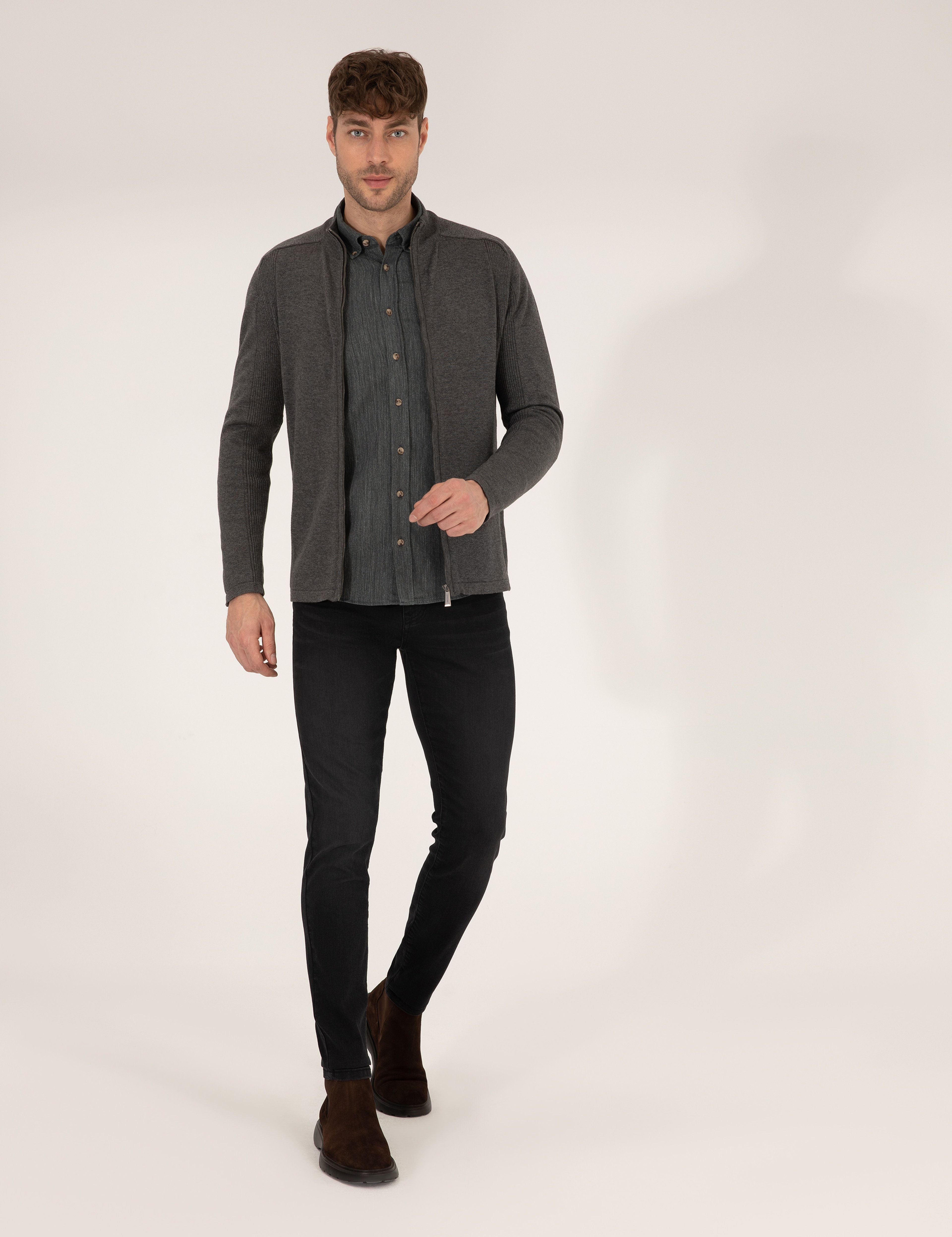 Gri Melanj Slim Fit Fermuarlı Triko Hırka
