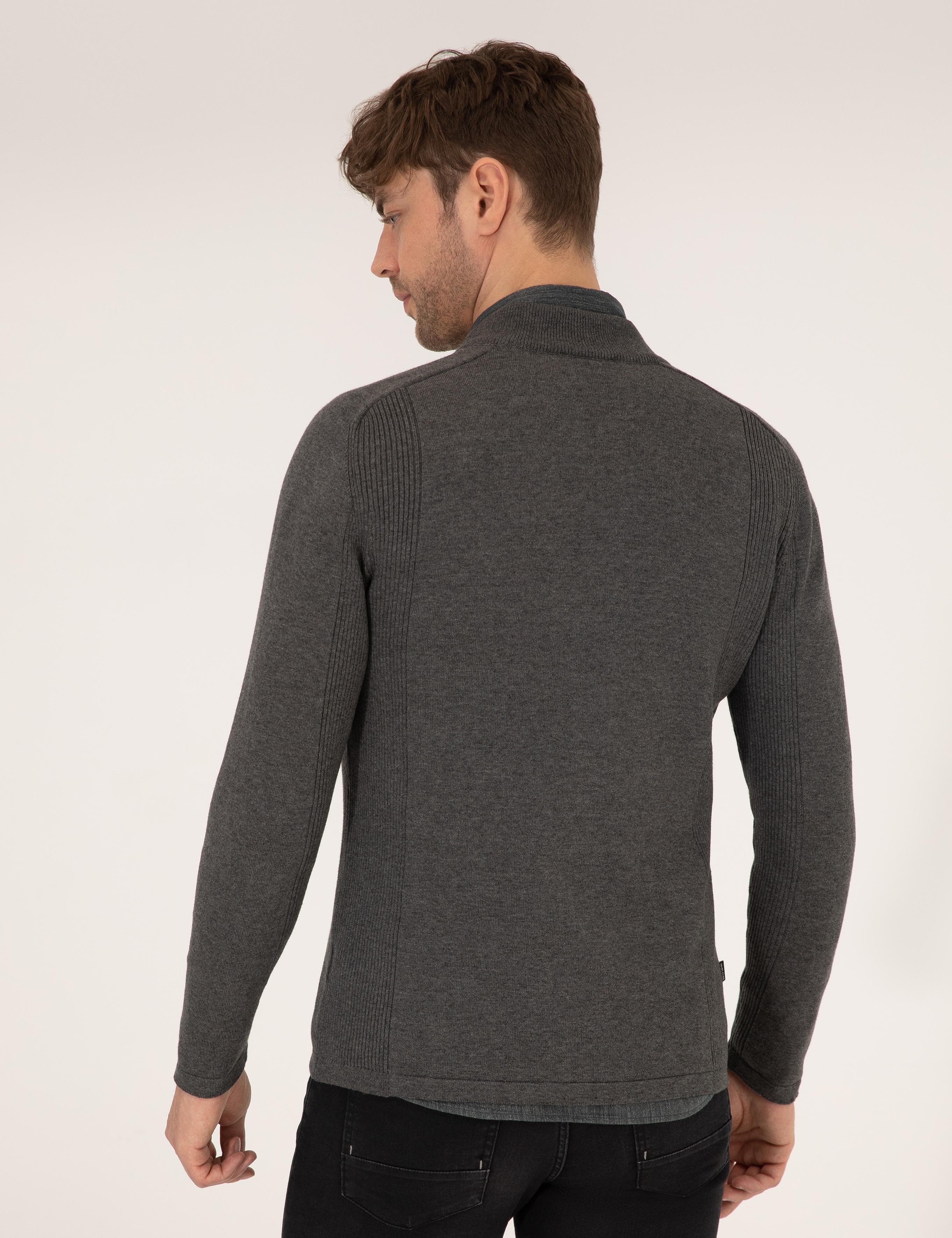 Gri Melanj Slim Fit Fermuarlı Triko Hırka