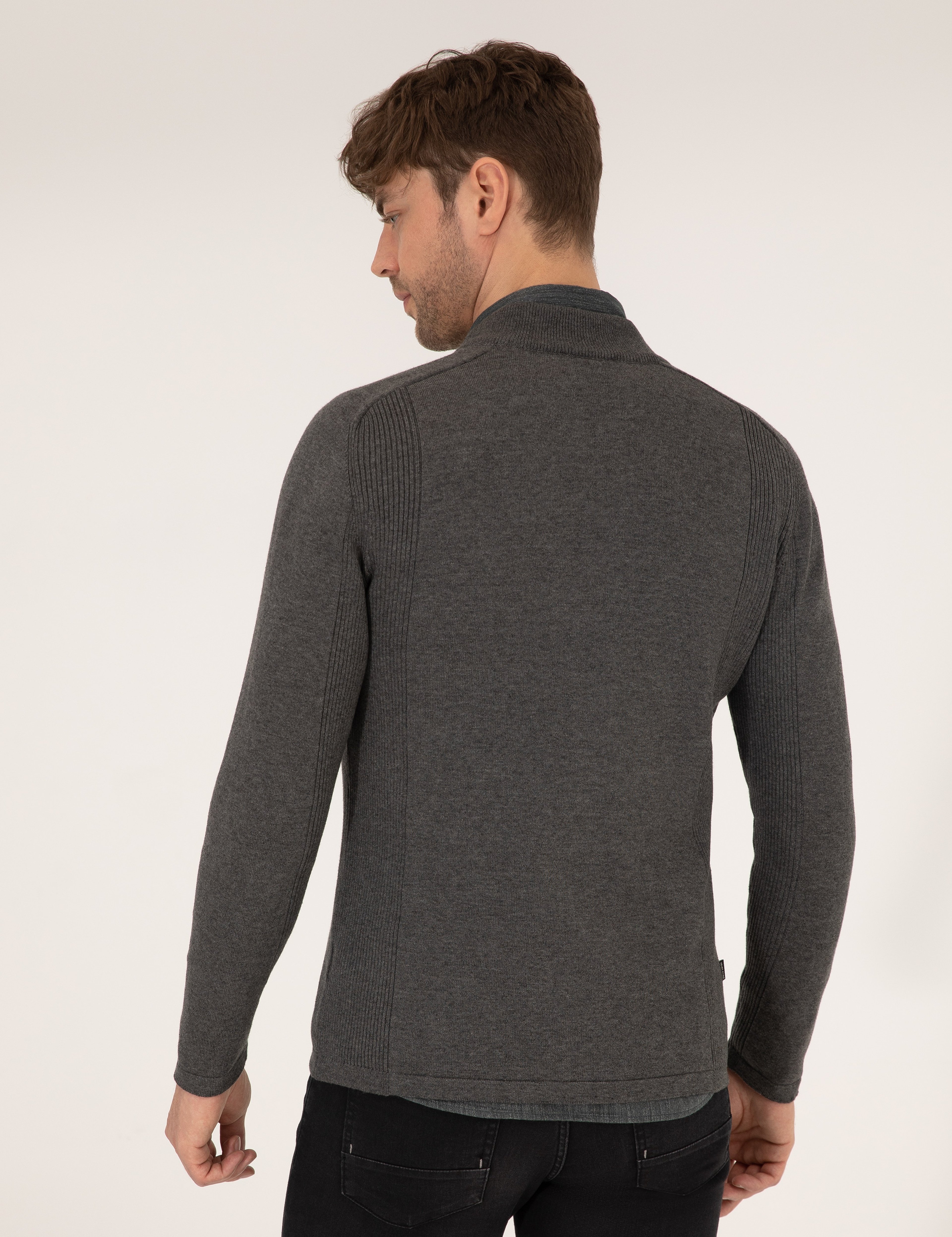 Gri Melanj Slim Fit Fermuarlı Triko Hırka - Image 5
