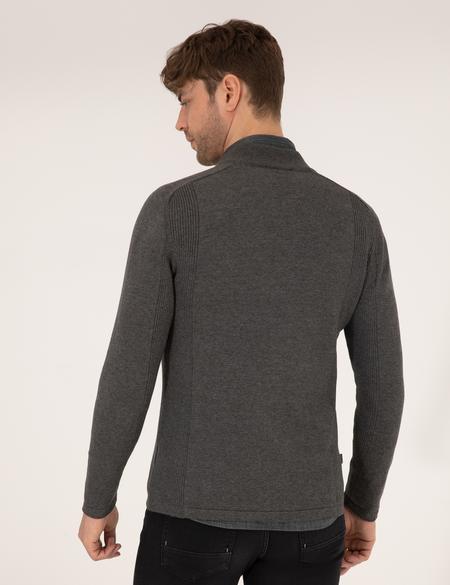 Gri Melanj Slim Fit Fermuarlı Triko Hırka - 50263239013