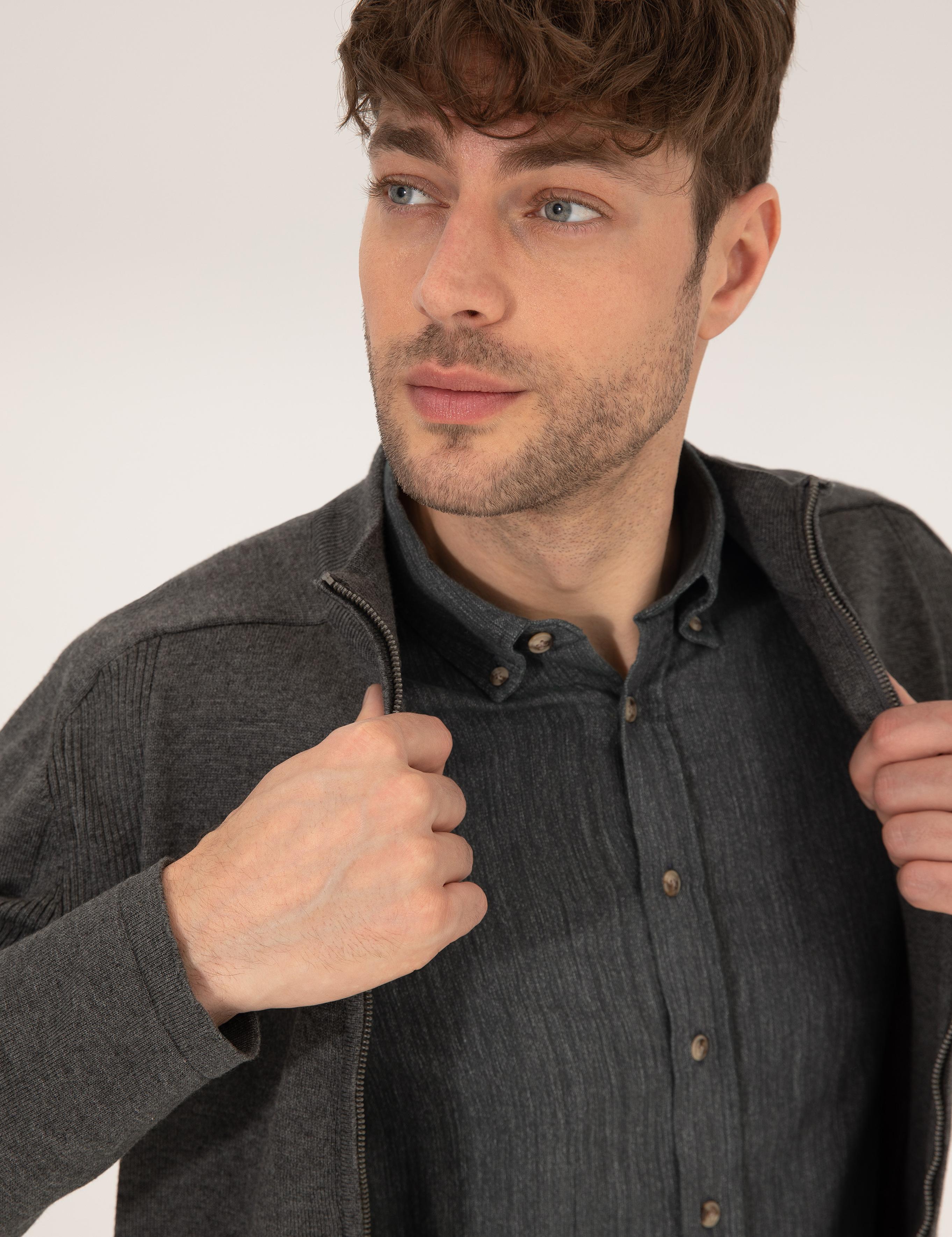 Gri Melanj Slim Fit Fermuarlı Triko Hırka