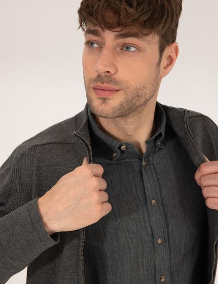Gri Melanj Slim Fit Fermuarlı Triko Hırka - 50263239013