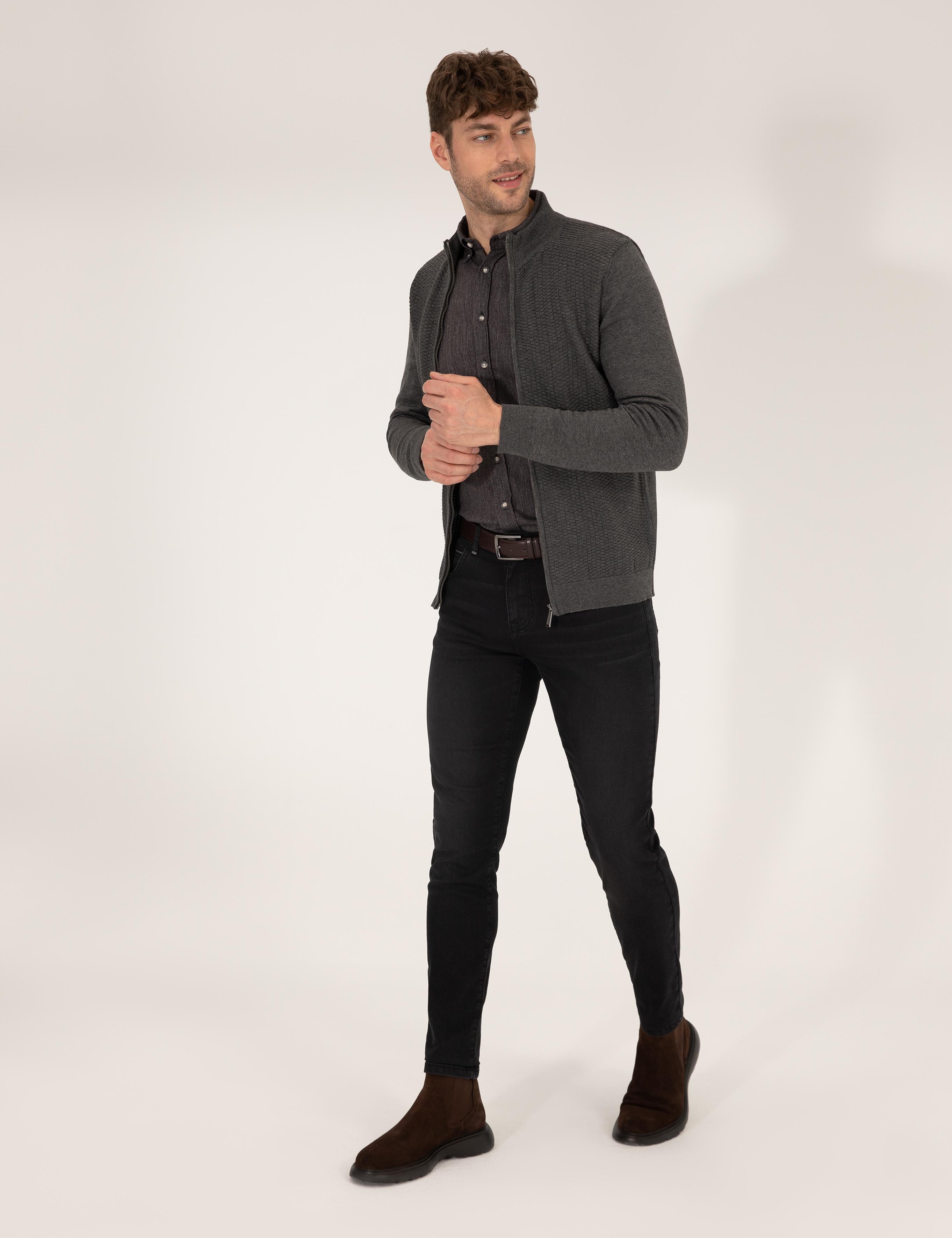 Gri Melanj Slim Fit Triko Hırka