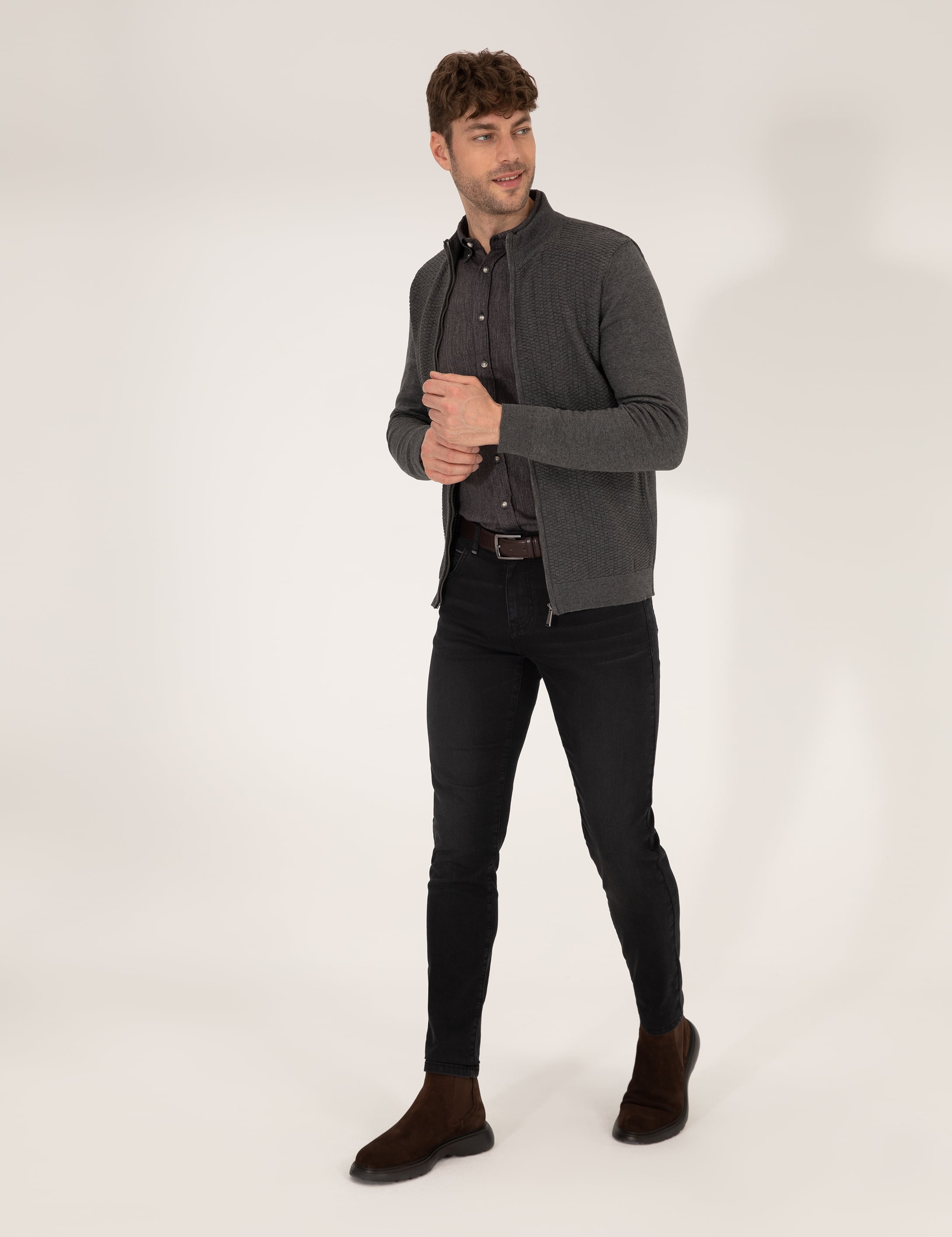 Gri Melanj Slim Fit Fermuarlı Triko Hırka