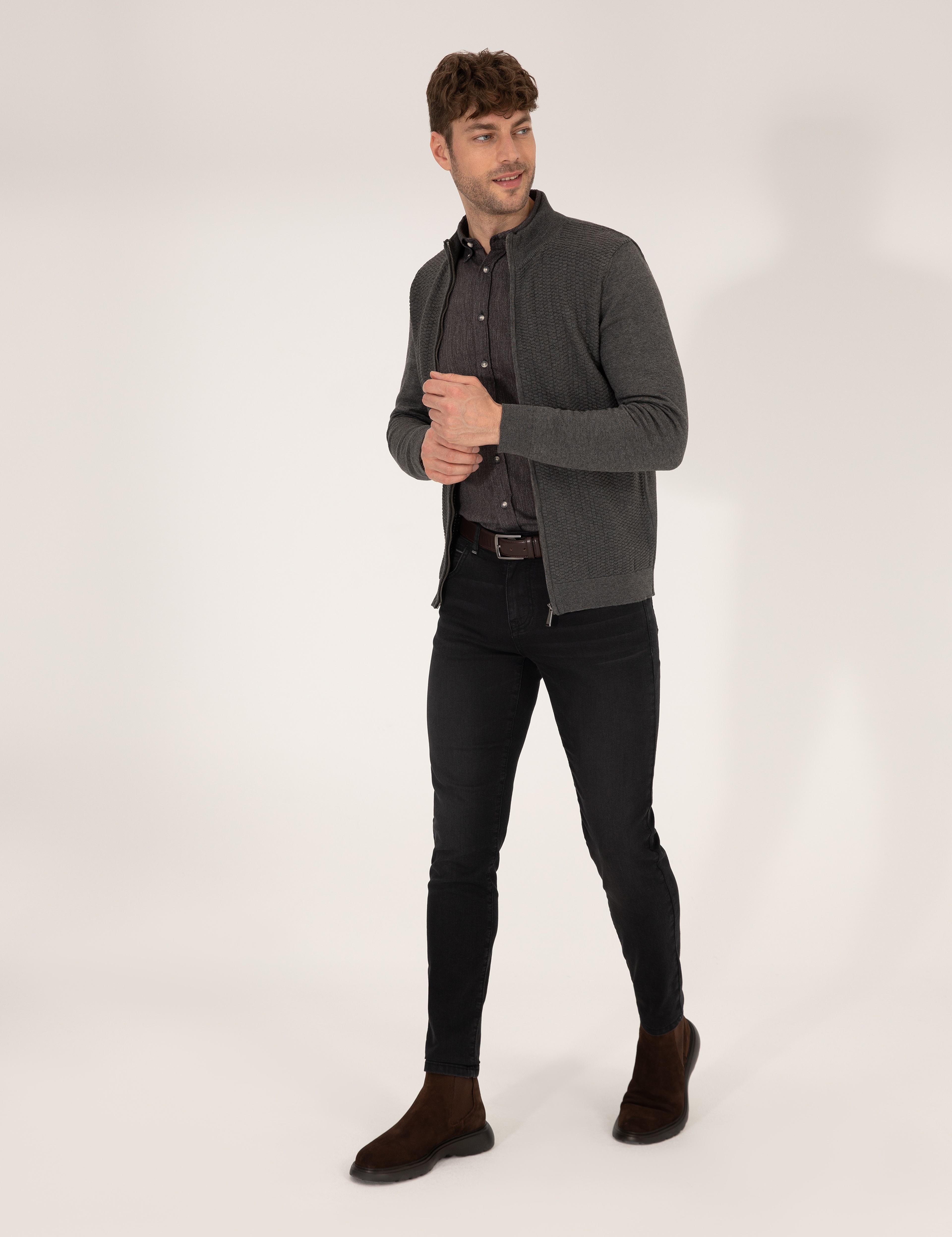 Gri Melanj Slim Fit Fermuarlı Triko Hırka