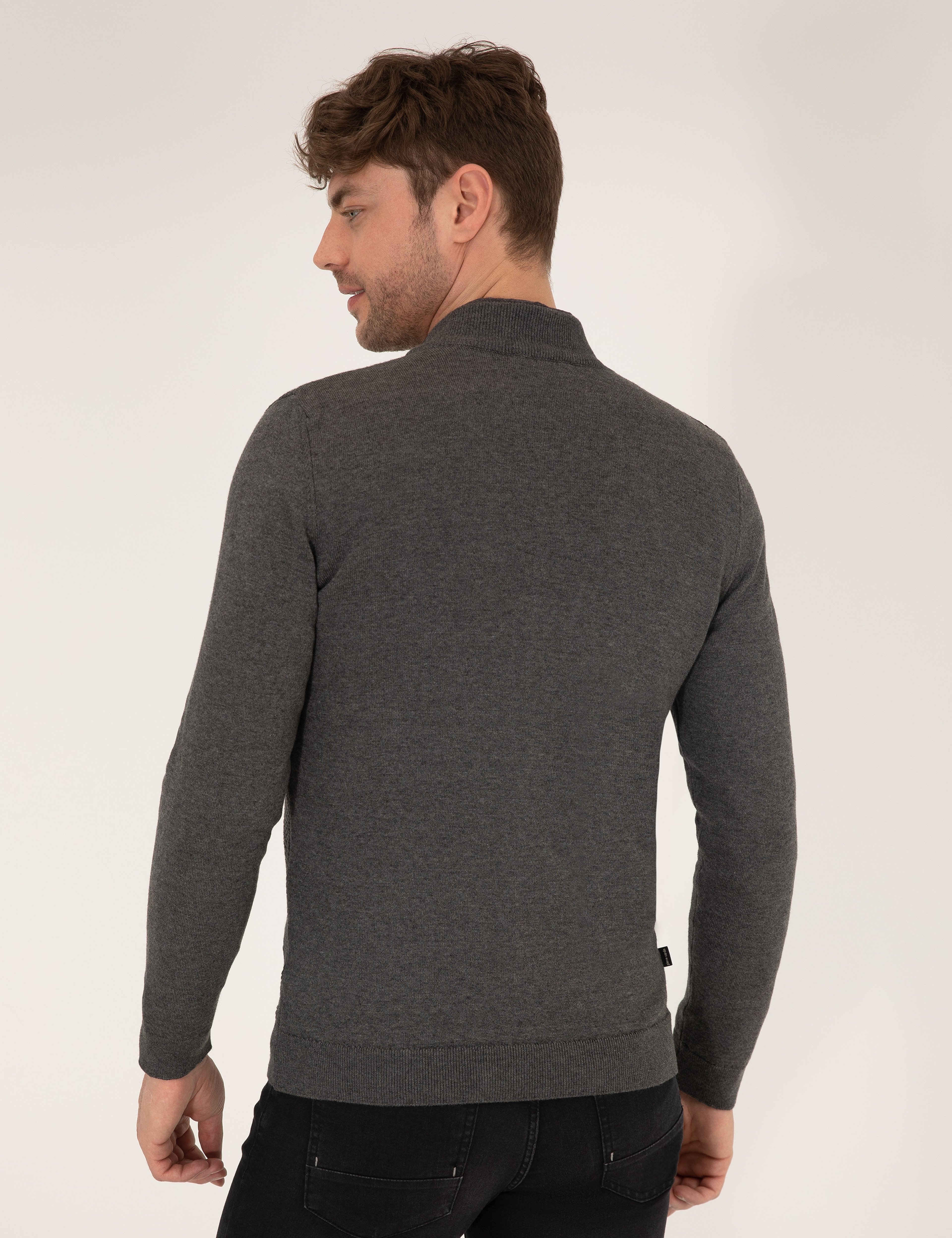 Gri Melanj Slim Fit Fermuarlı Triko Hırka