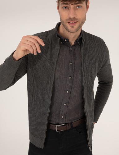 Gri Melanj Slim Fit Fermuarlı Triko Hırka