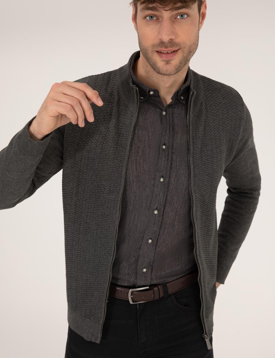 Gri Melanj Slim Fit Fermuarlı Triko Hırka