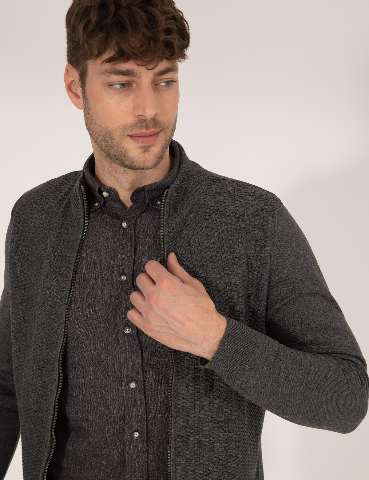 Gri Melanj Slim Fit Triko Hırka - 50265903026