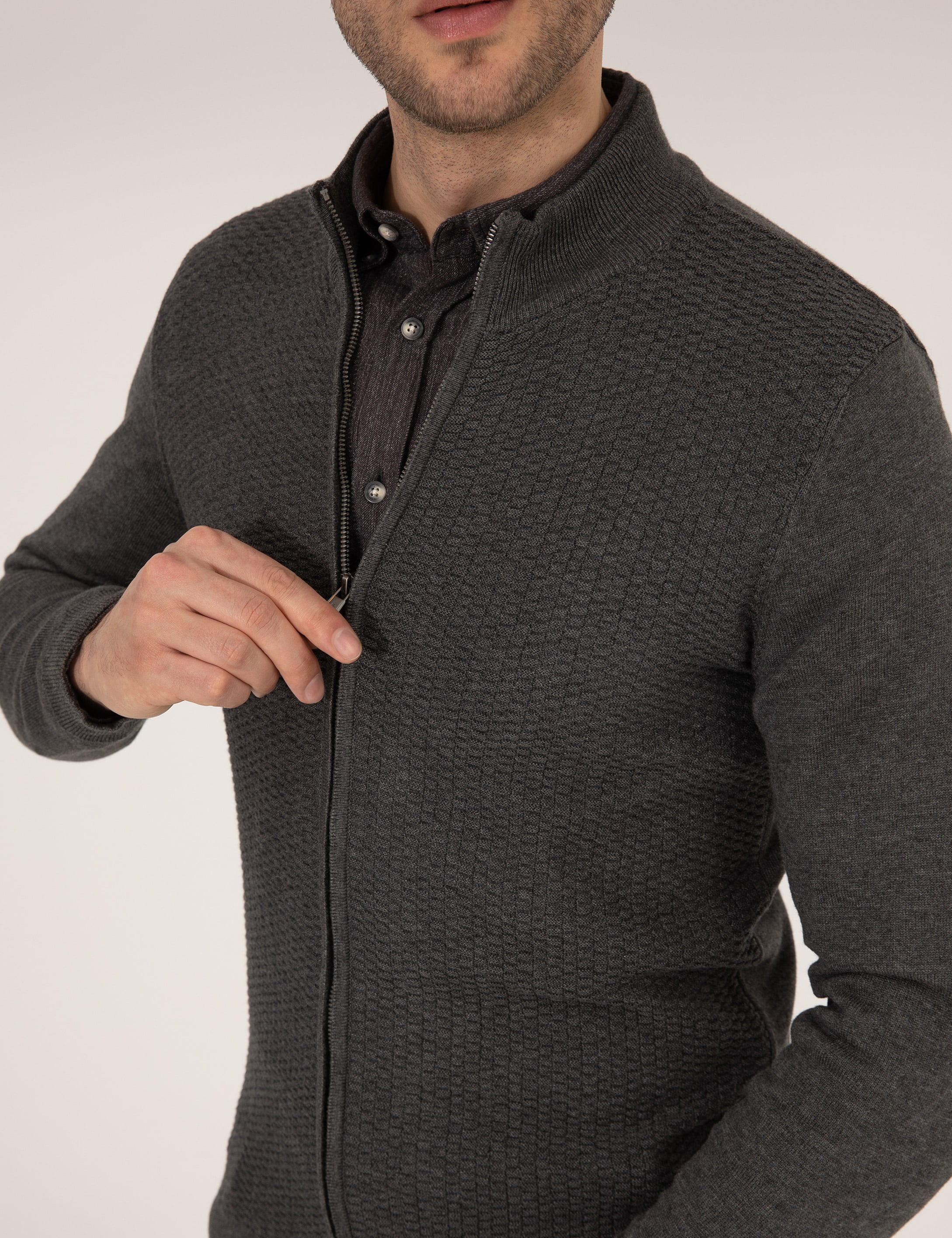 Gri Melanj Slim Fit Fermuarlı Triko Hırka