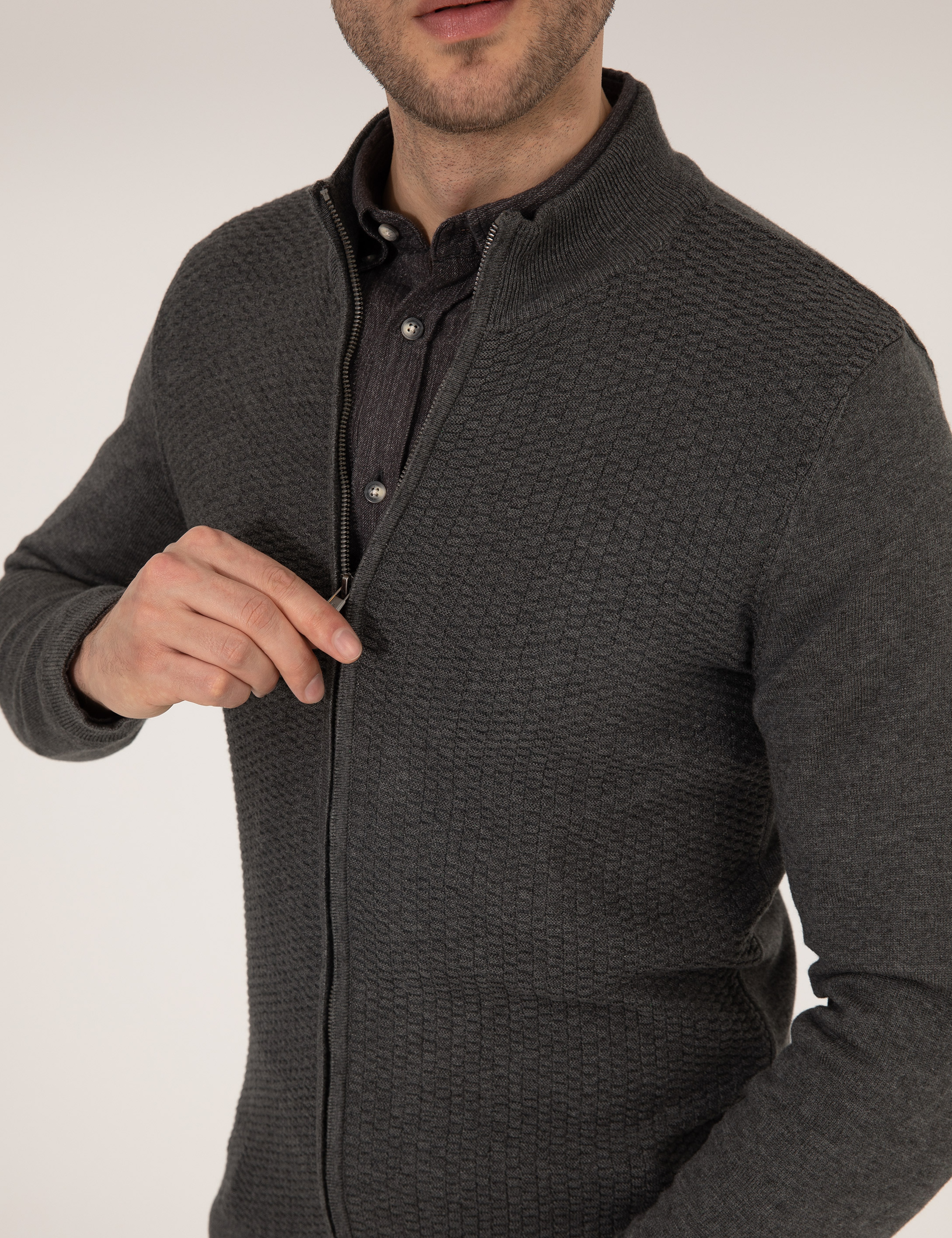 Gri Melanj Slim Fit Fermuarlı Triko Hırka