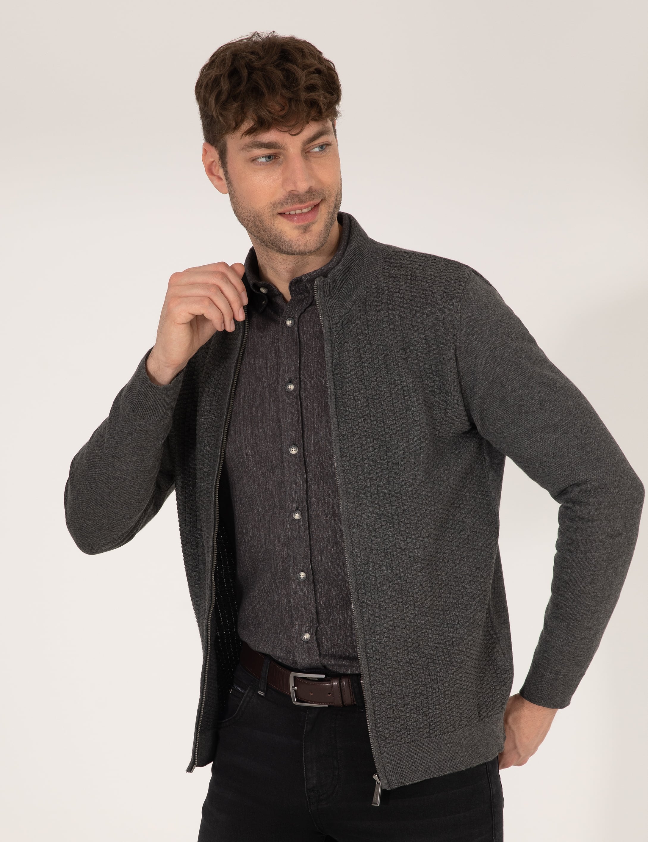 Gri Melanj Slim Fit Fermuarlı Triko Hırka