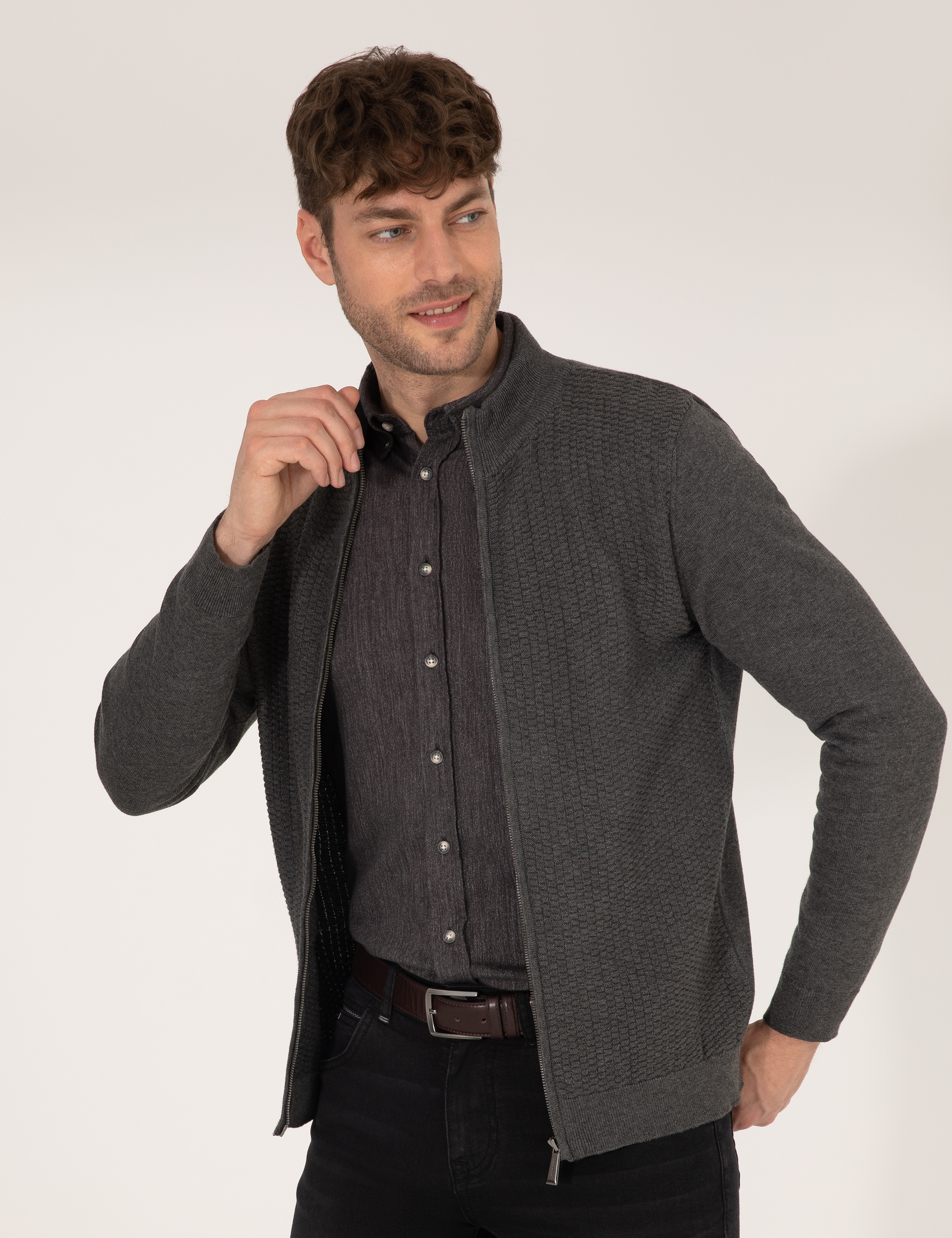 Gri Melanj Slim Fit Fermuarlı Triko Hırka - Image 2