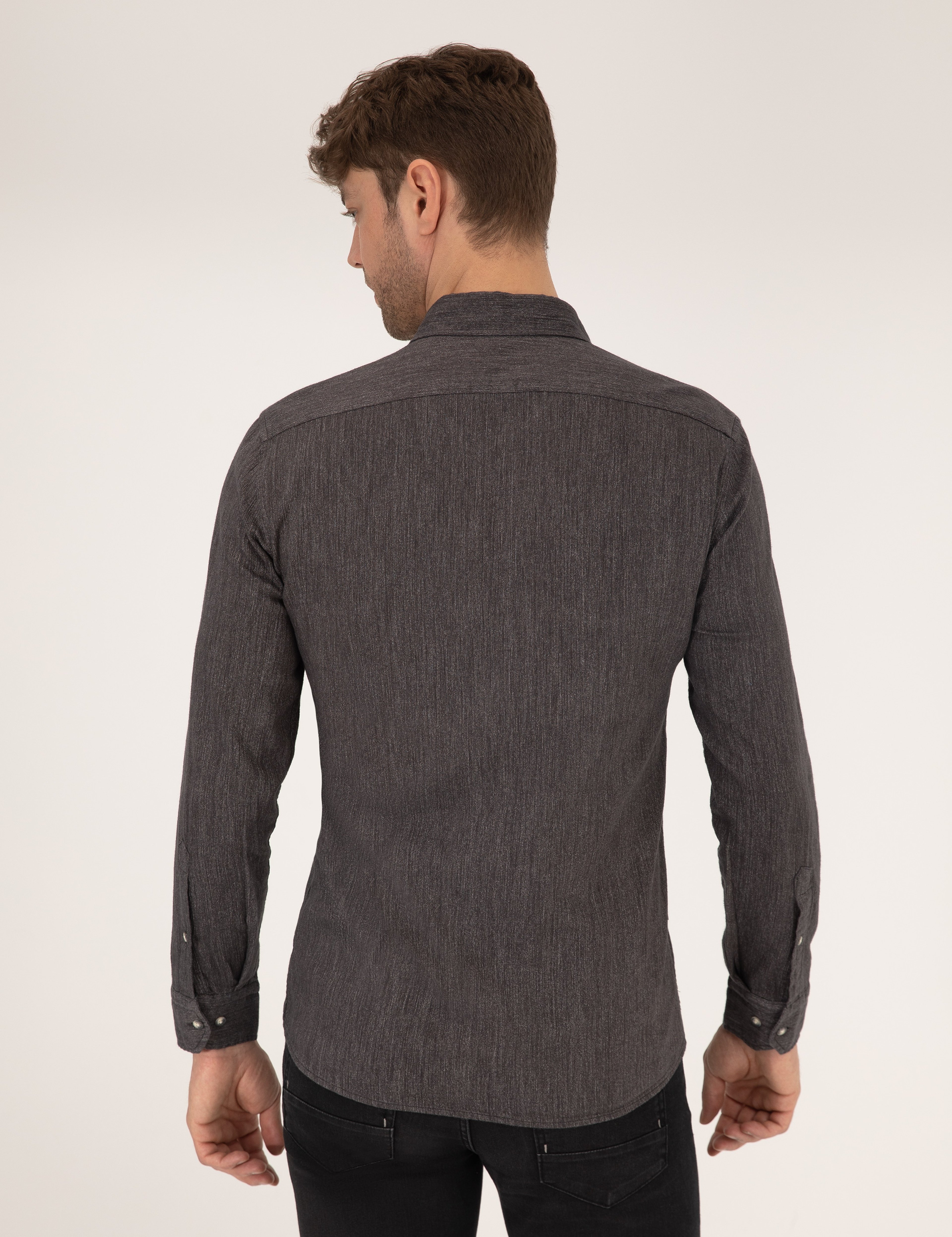 Siyah Slim Fit Uzun Kollu Gömlek - Image 5