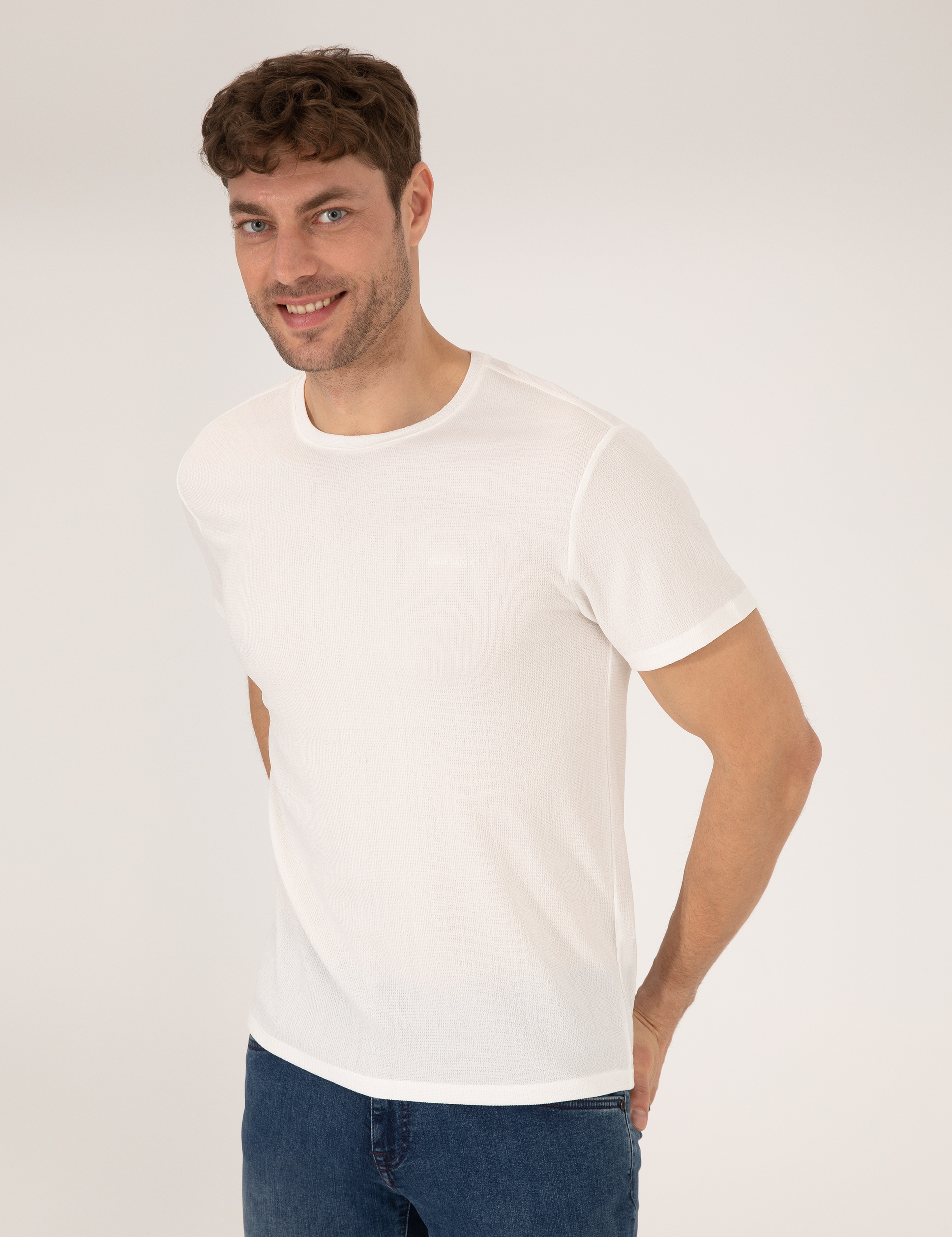 Ekru Slim Fit Dokulu Bisiklet Yaka Tişört - Image 3