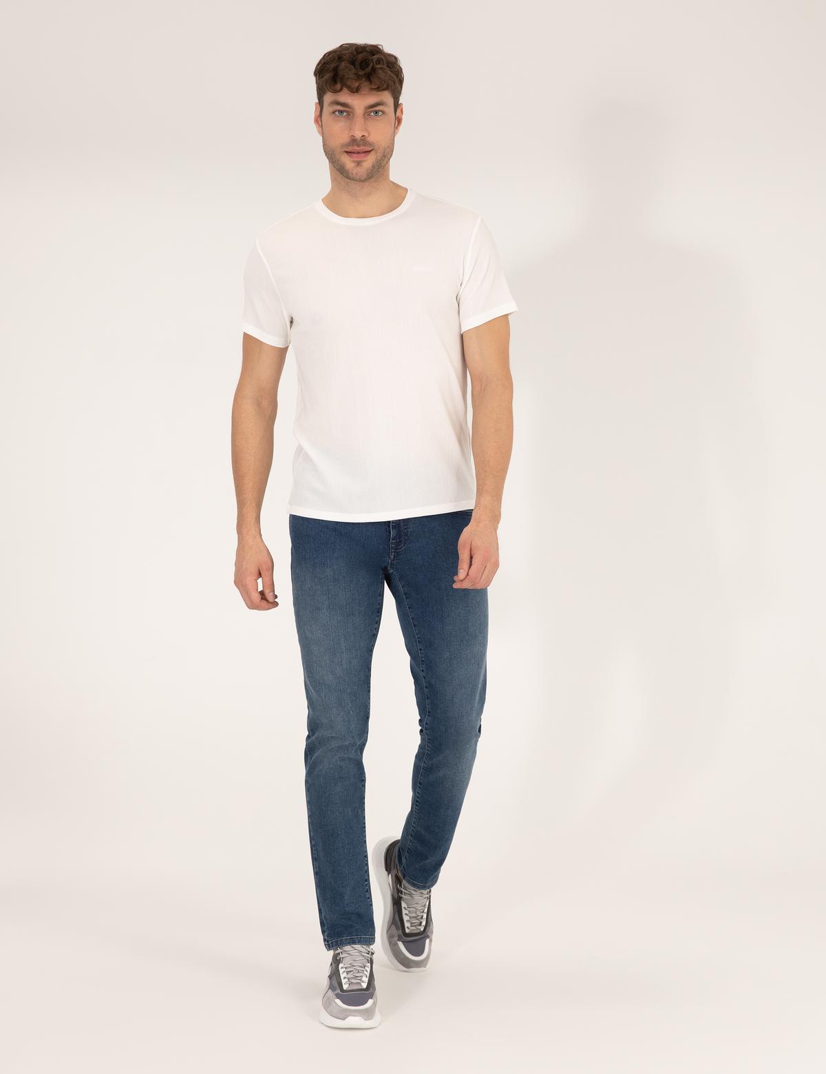 Ekru Slim Fit Dokulu Bisiklet Yaka Tişört - 50267575063