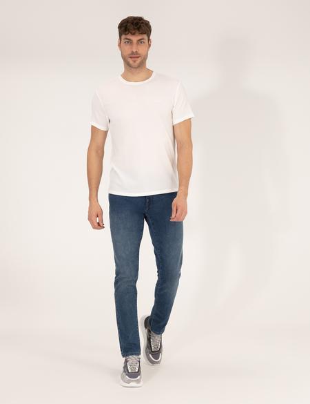 Ekru Slim Fit Dokulu Bisiklet Yaka Tişört - 50267575063