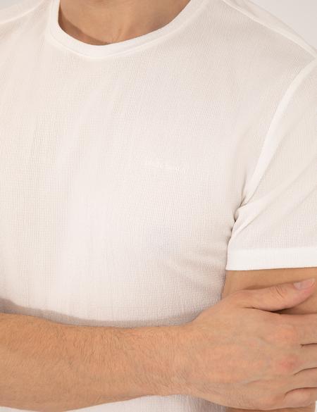 Ekru Slim Fit Dokulu Bisiklet Yaka Tişört - 50267575063