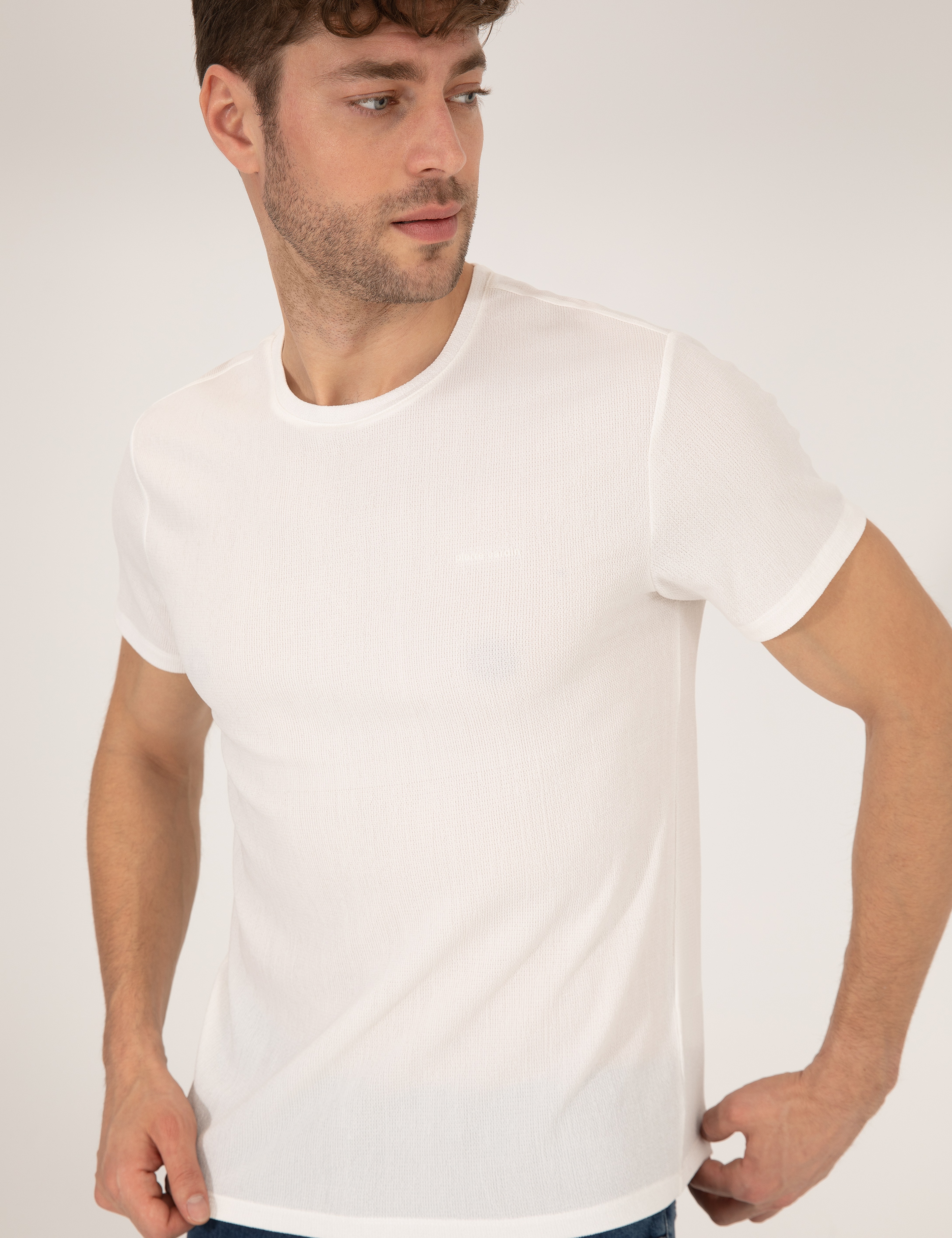Ekru Slim Fit Dokulu Bisiklet Yaka Tişört
