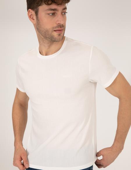 Ekru Slim Fit Dokulu Bisiklet Yaka Tişört - 50267575063