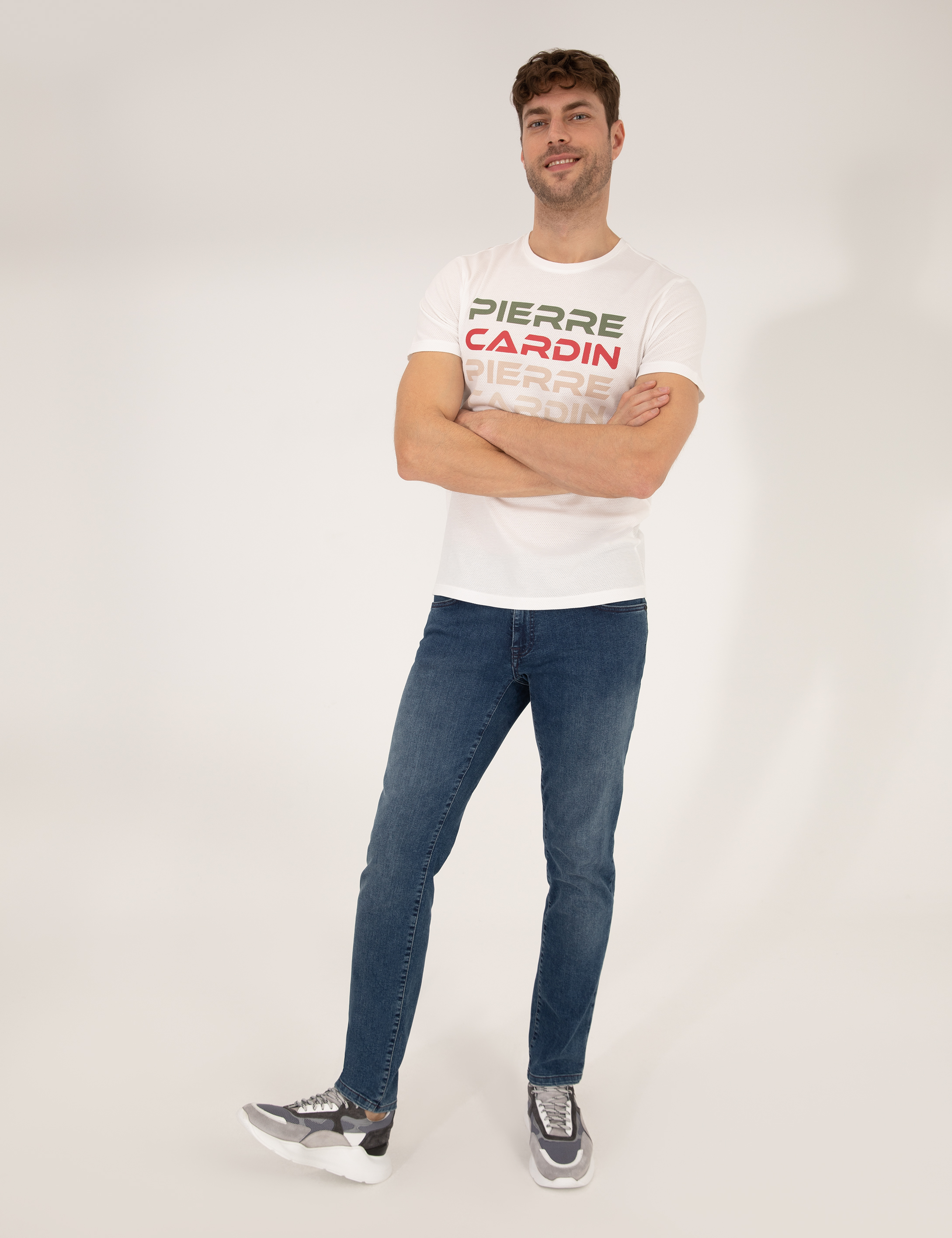 Beyaz Slim Fit Pierre Cardin Baskılı Bisiklet Yaka Tişört