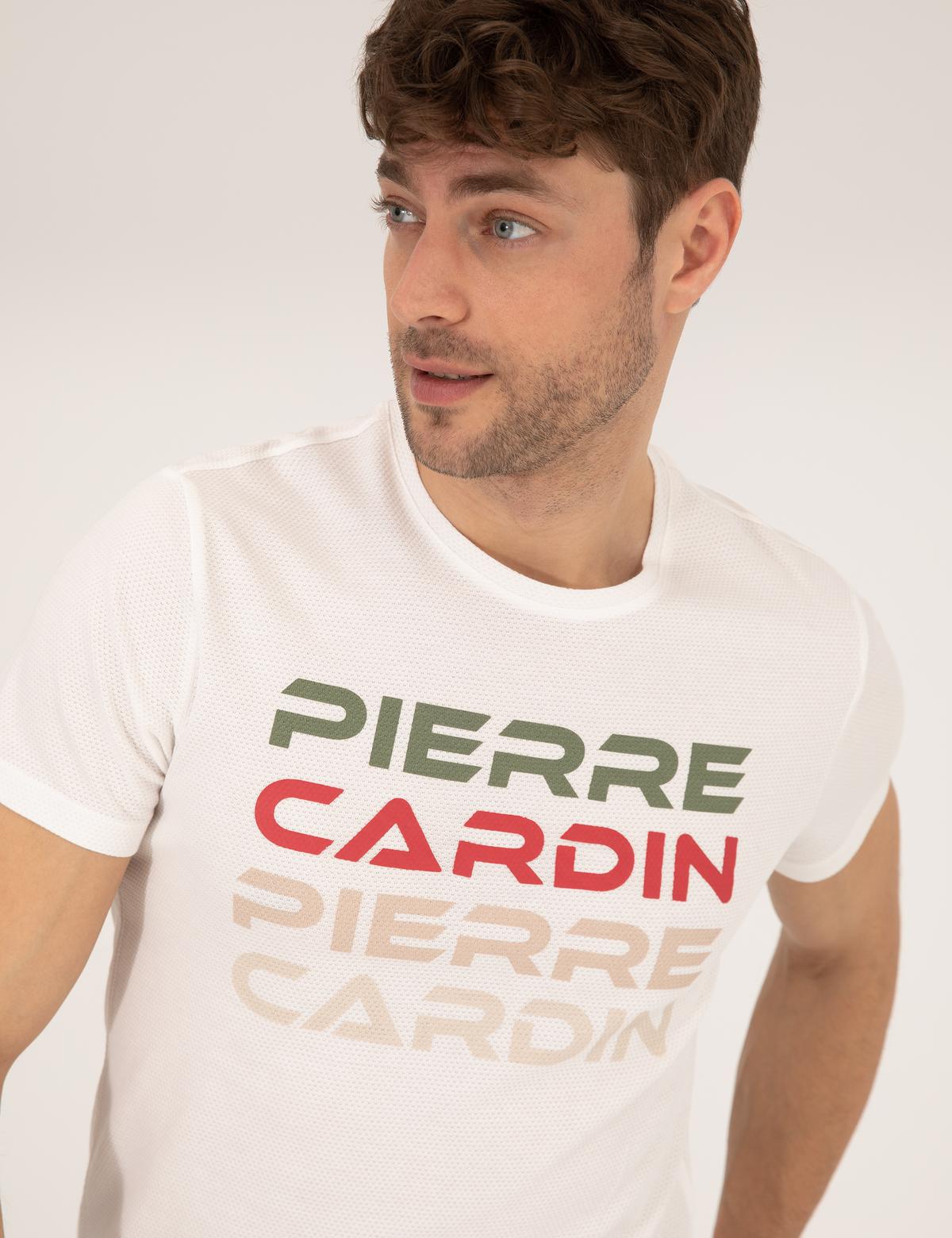 Beyaz Slim Fit Pierre Cardin Baskılı Bisiklet Yaka Tişört - 50269472009