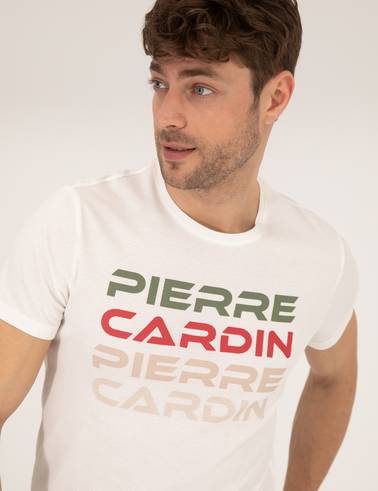 Beyaz Slim Fit Pierre Cardin Baskılı Bisiklet Yaka Tişört
